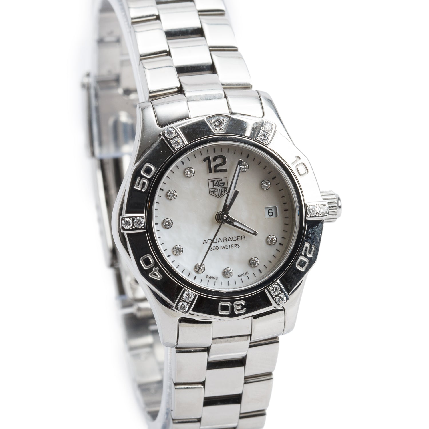 Tag Heuer Stainless Steel Diamond Bezel Aquaracer 27 MM Quartz Watch Mother of Pearl Diamond Dial WAF141G w/ Box & Papers