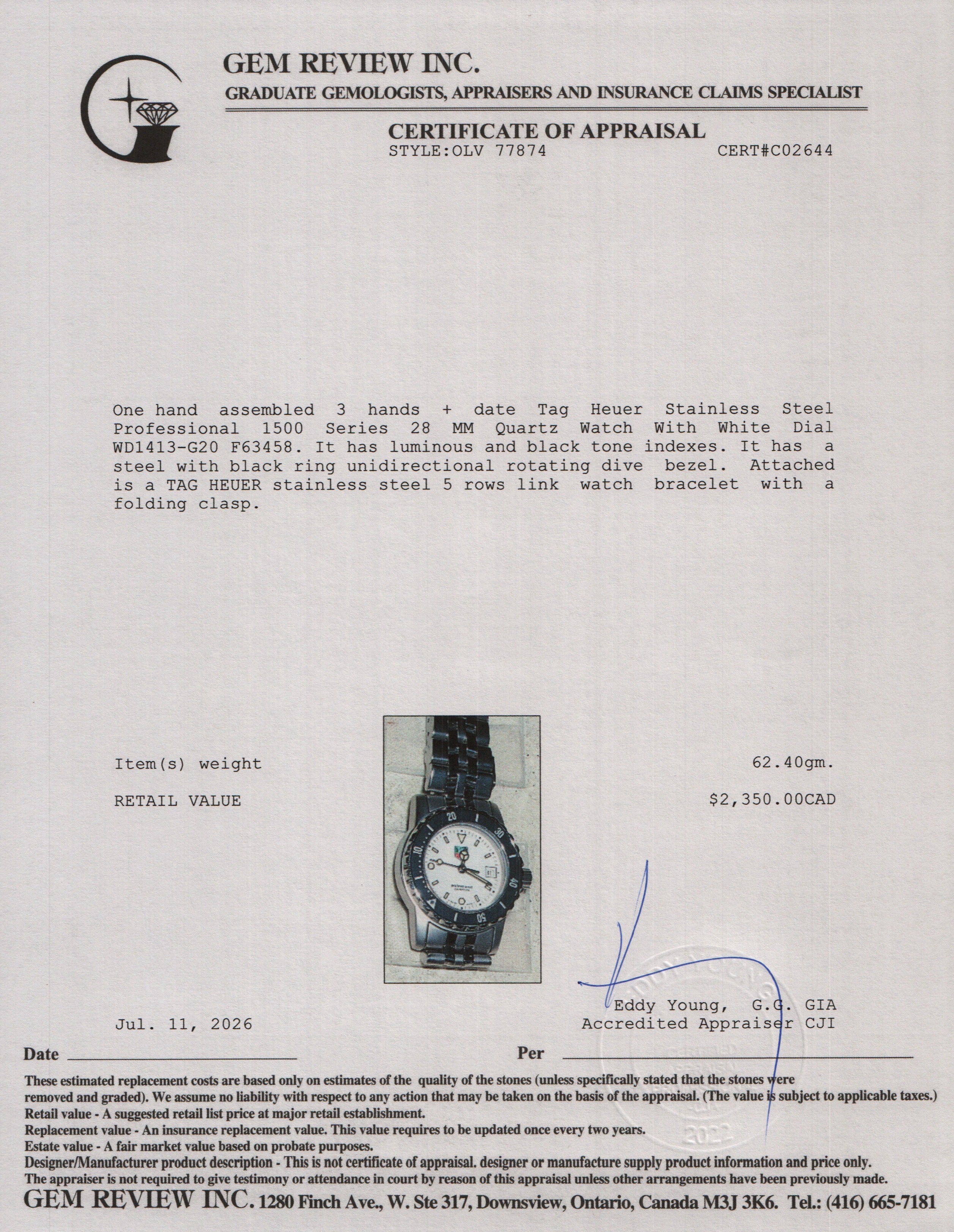 Tag Heuer Stainless Steel Professional 1500 Series 28 MM Quartz Watch White Dial WD1413-G20