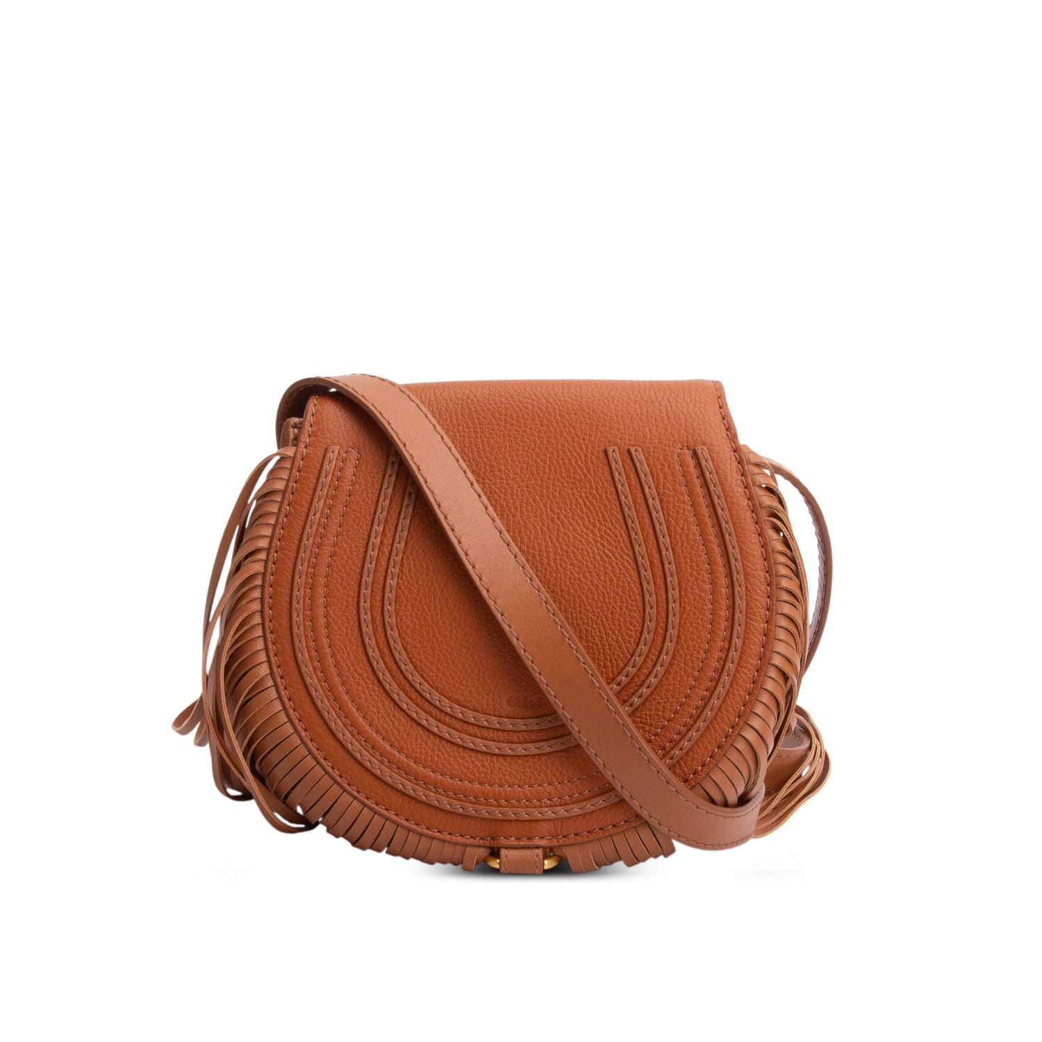 Chloe Brown Calfskin Leather Small Marcie Fringe Crossbody Bag