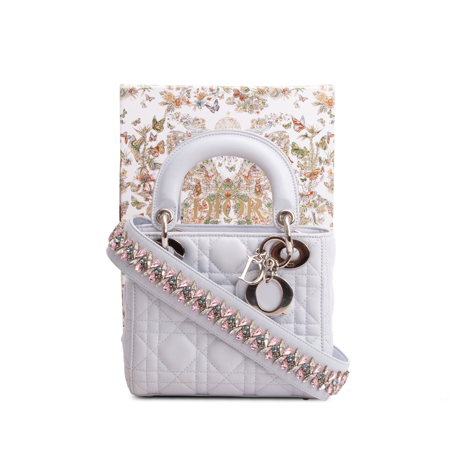 Christian Dior Blue Lambskin Leather Cannage Mini Lady Dior Crystal Strap w/ Box & Authenticity Card