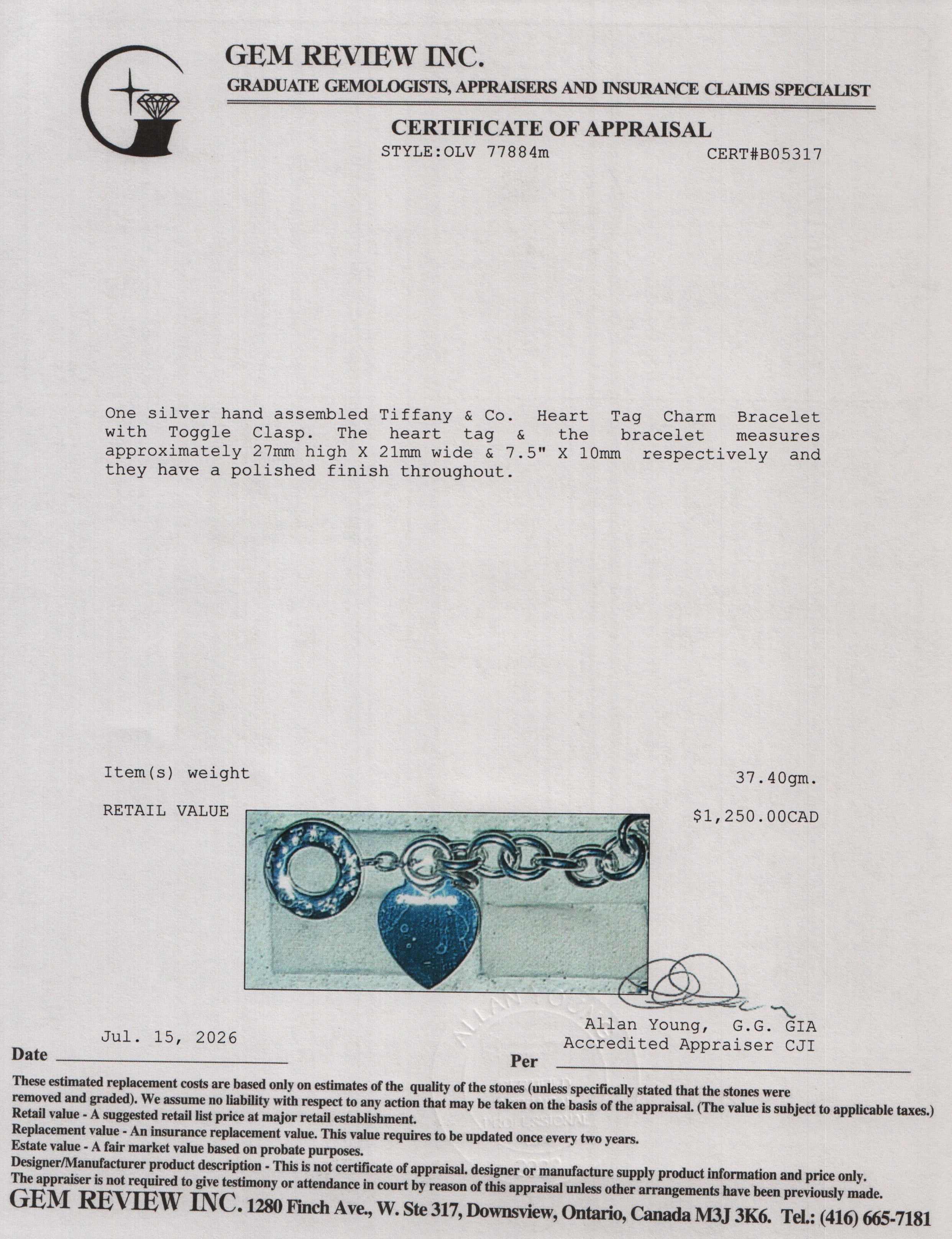 Tiffany & Co. Sterling Silver Heart Tag Charm Bracelet with Toggle Clasp