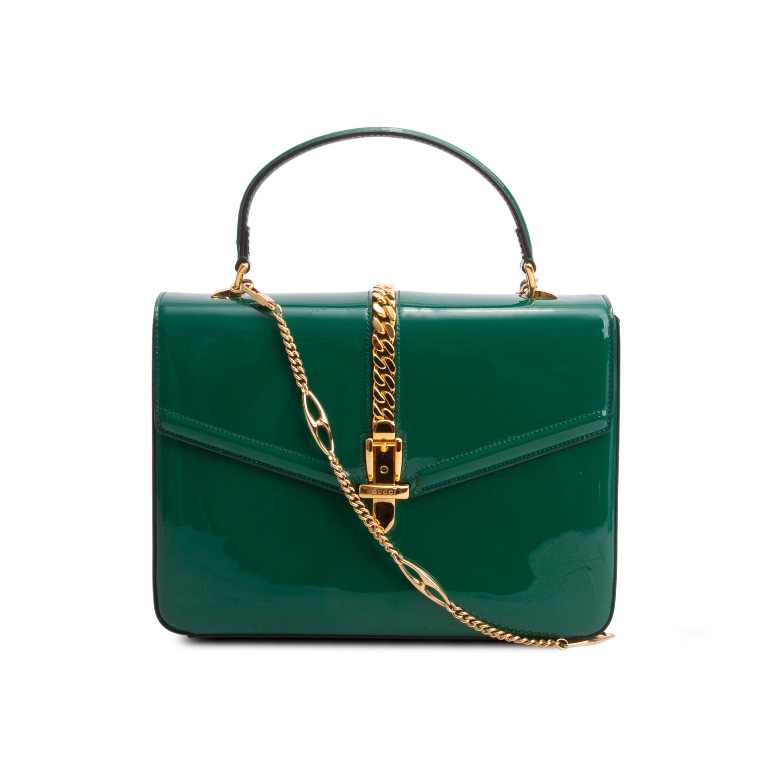Gucci Green Mousse Top Patent Small Sylvie 1969 Small Top Handle Bag w/ Chain
