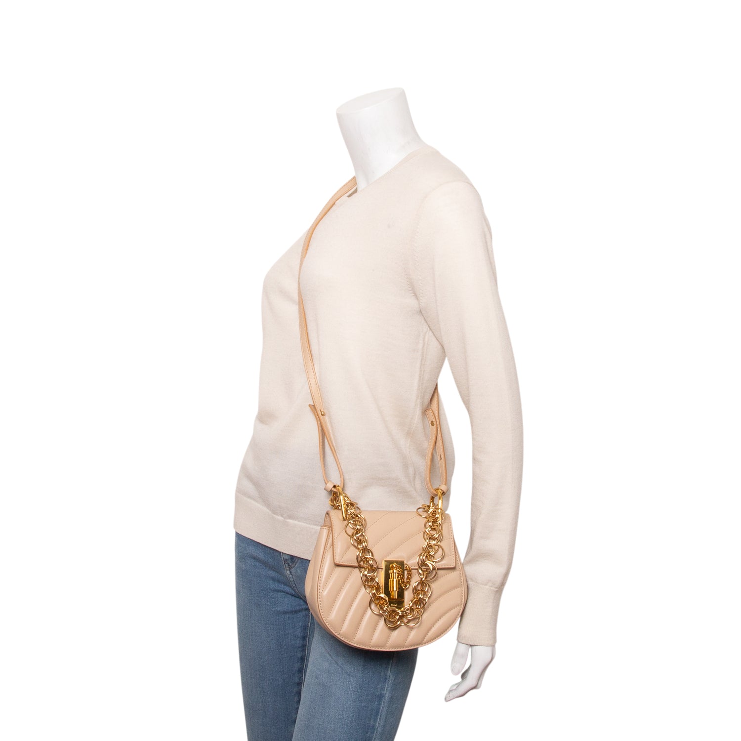 Chloe Beige Calfskin Quilted Mini Drew Bijou Shoulder Bag w/ Strap