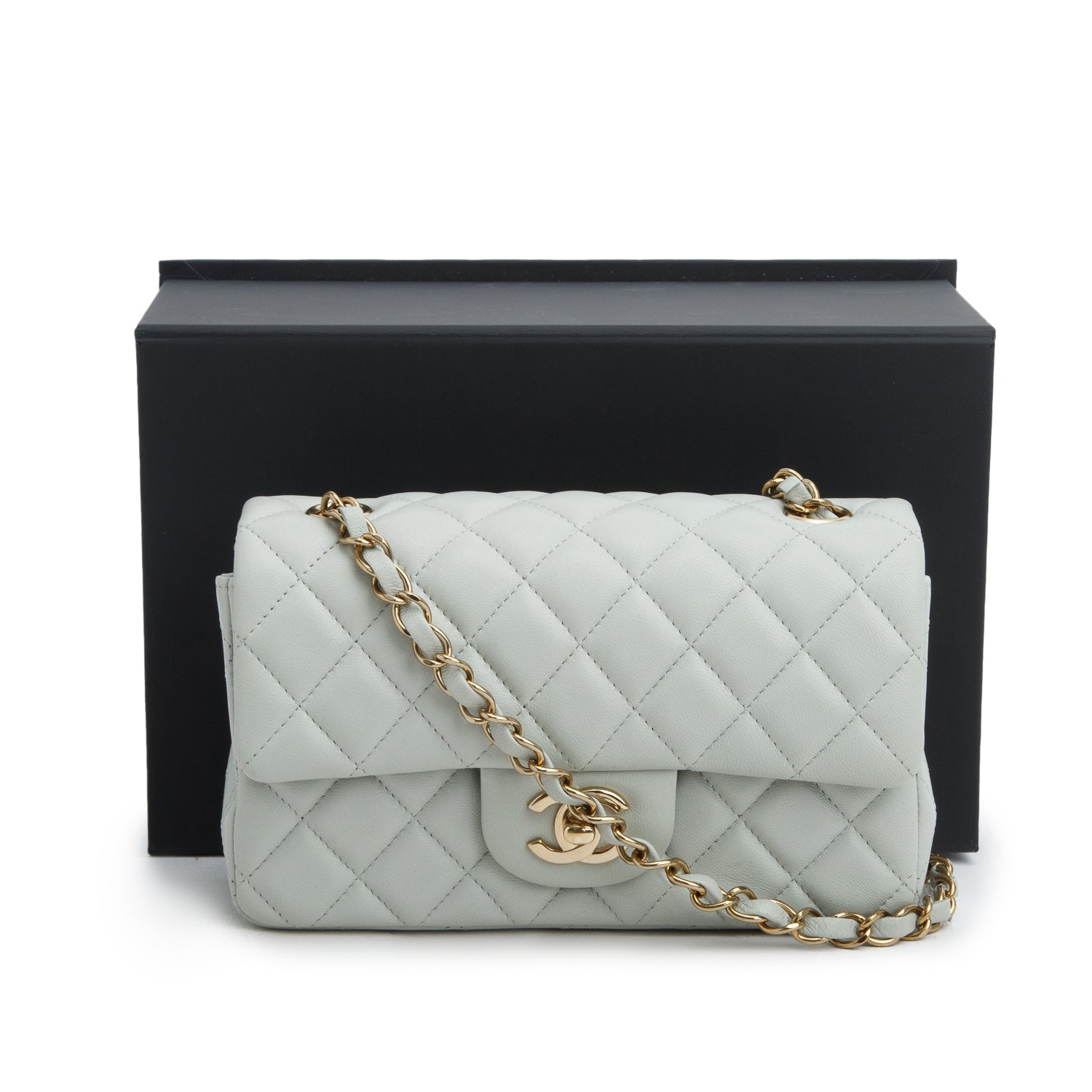 Chanel 2023 Light Grey Lambskin Quilted Leather Mini Rectangular Flap Bag w/ Box & Receipt
