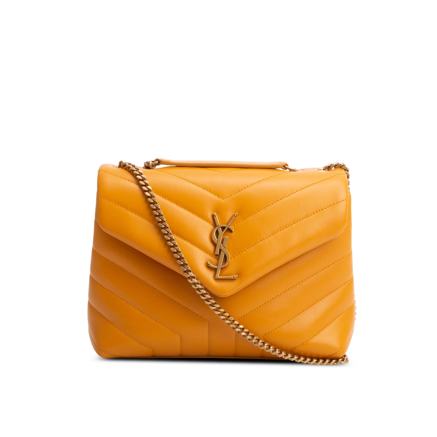 Saint Laurent 2021 Yellow Calfskin Y Quilted Monogram Small Loulou Chain Satchel