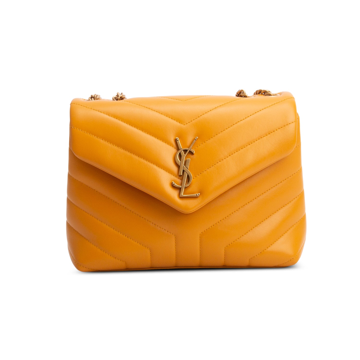 Saint Laurent 2021 Yellow Calfskin Y Quilted Monogram Small Loulou Chain Satchel