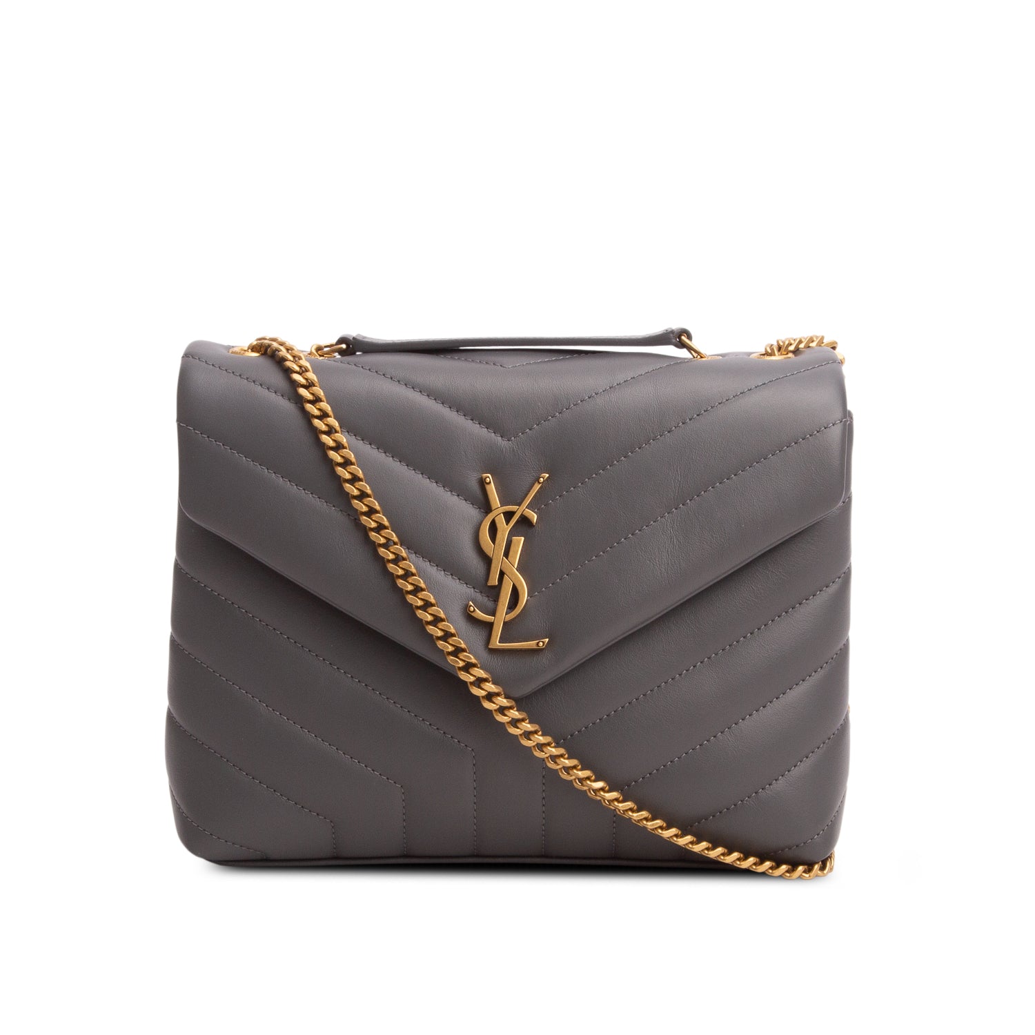 Saint Laurent 2022 Grey Calfskin Y Quilted Monogram Small Loulou Chain Satchel