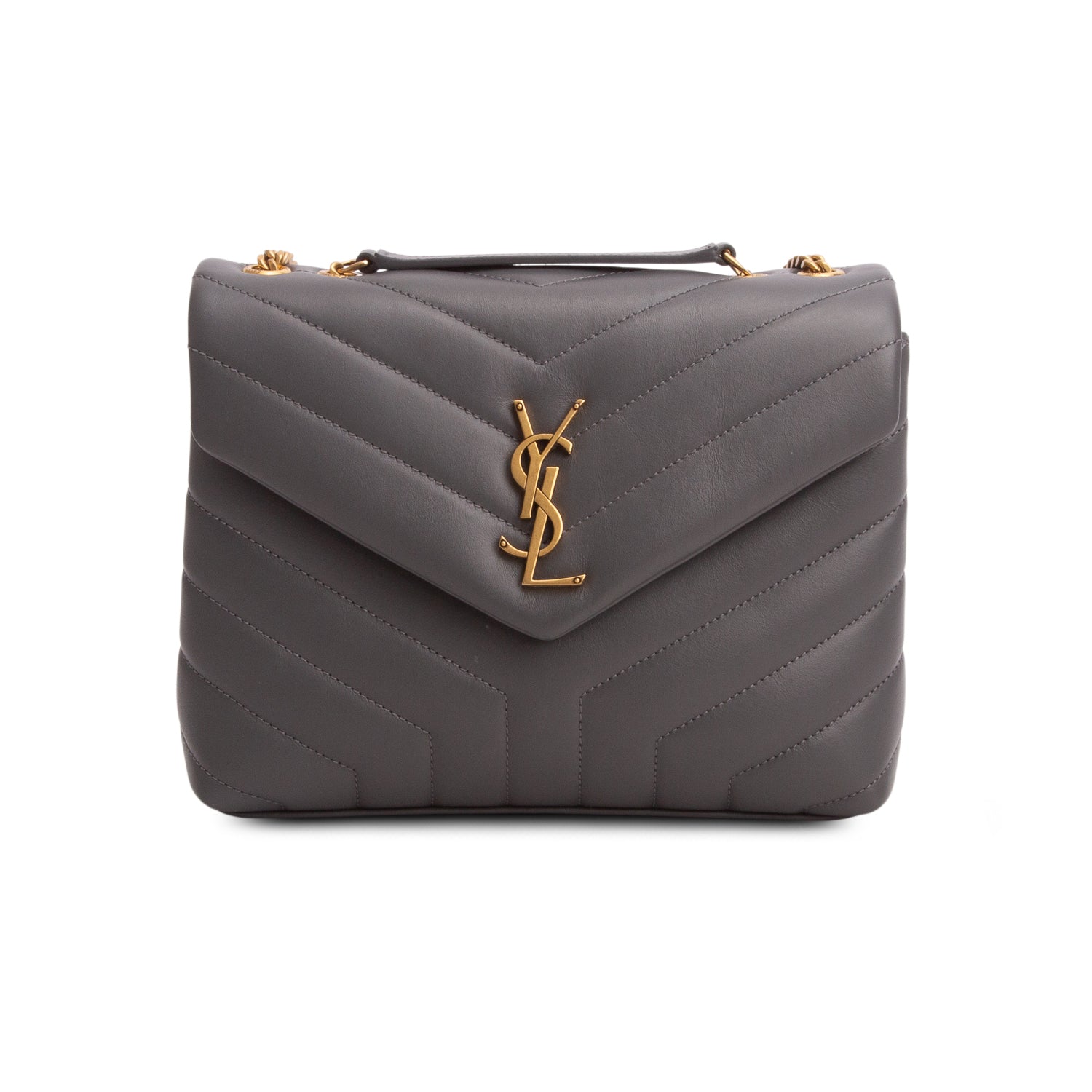 Saint Laurent 2022 Grey Calfskin Y Quilted Monogram Small Loulou Chain Satchel