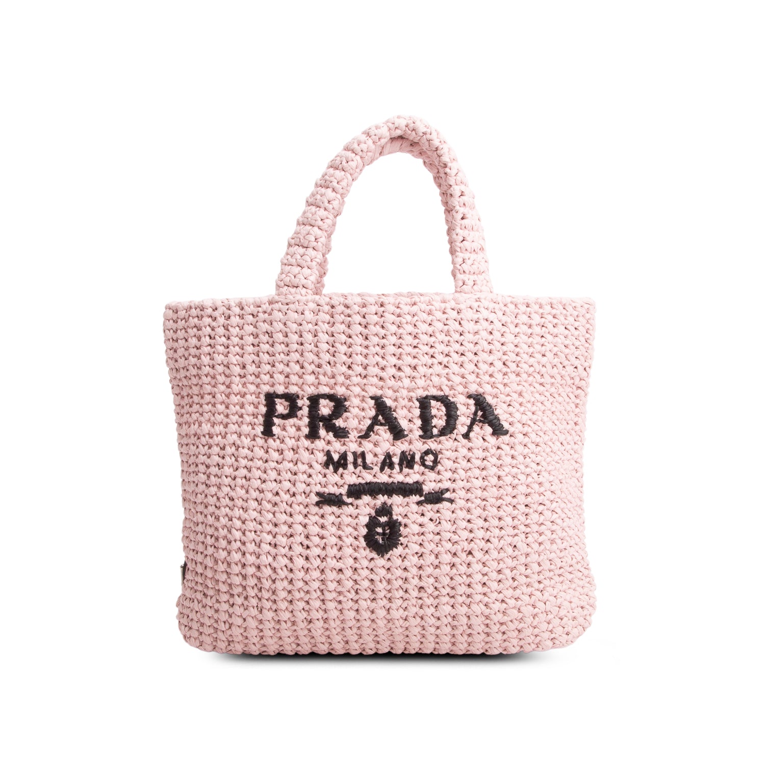 Prada Pink Yarn Raffia Effect Crochet Logo Embroidered Small Tote Bag