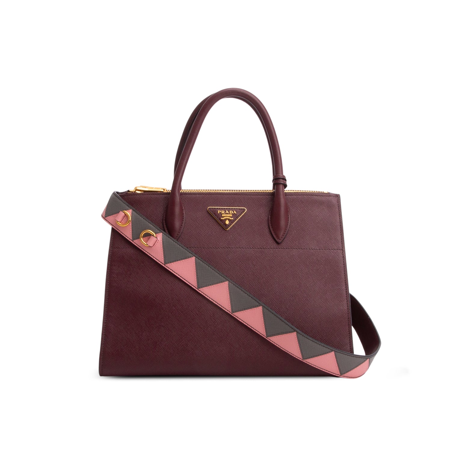 Prada Burgundy Saffiano & City Calf Leather Medium Paradigme Tote w/ Strap & Authenticity Card