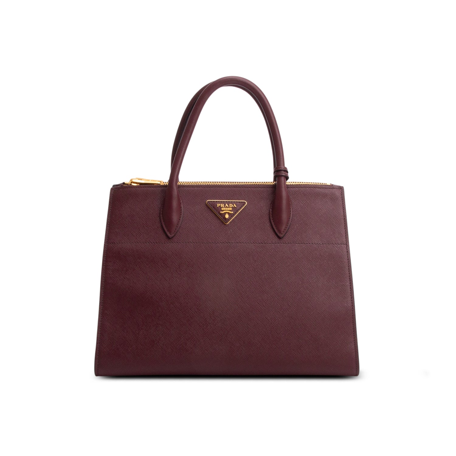 Prada Burgundy Saffiano & City Calf Leather Medium Paradigme Tote w/ Strap & Authenticity Card