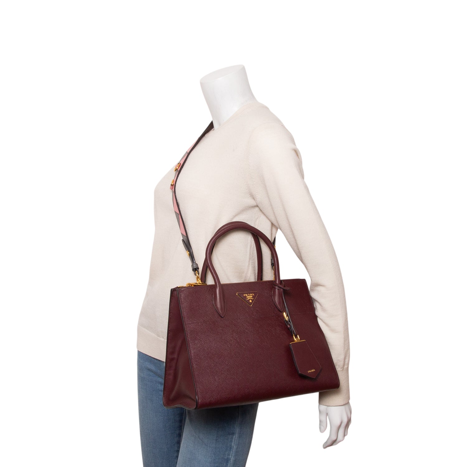 Prada Burgundy Saffiano & City Calf Leather Medium Paradigme Tote w/ Strap & Authenticity Card