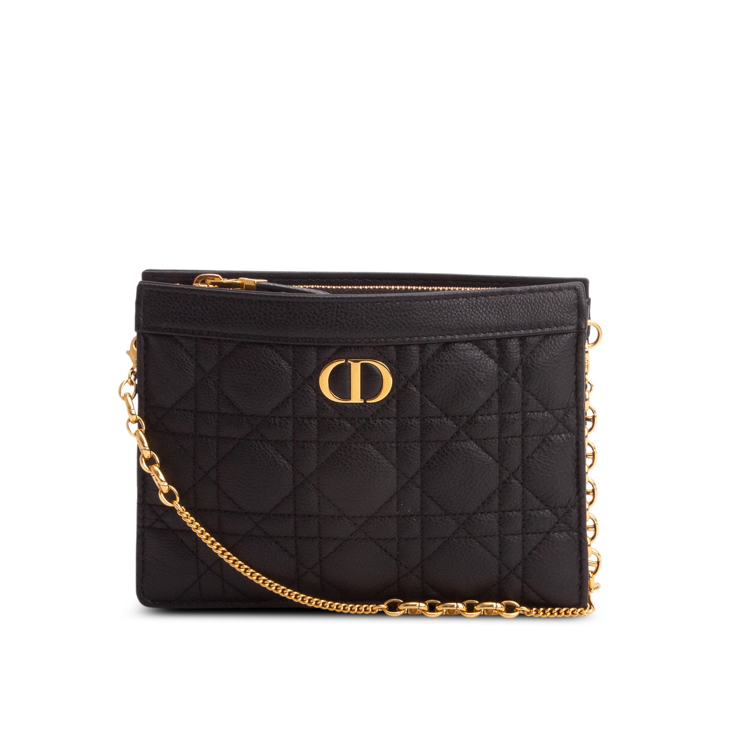 Christian Dior 2022 Black Calfskin Cannage Caro Zipped Pouch w/ Chain
