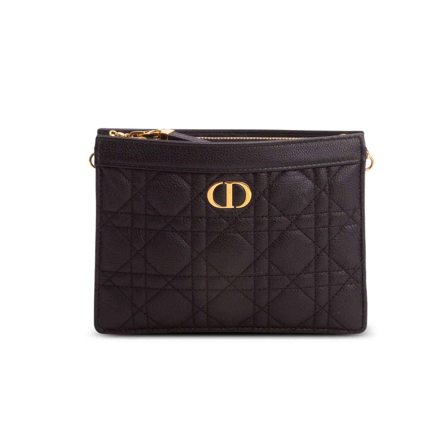 Christian Dior 2022 Black Calfskin Cannage Caro Zipped Pouch w/ Chain