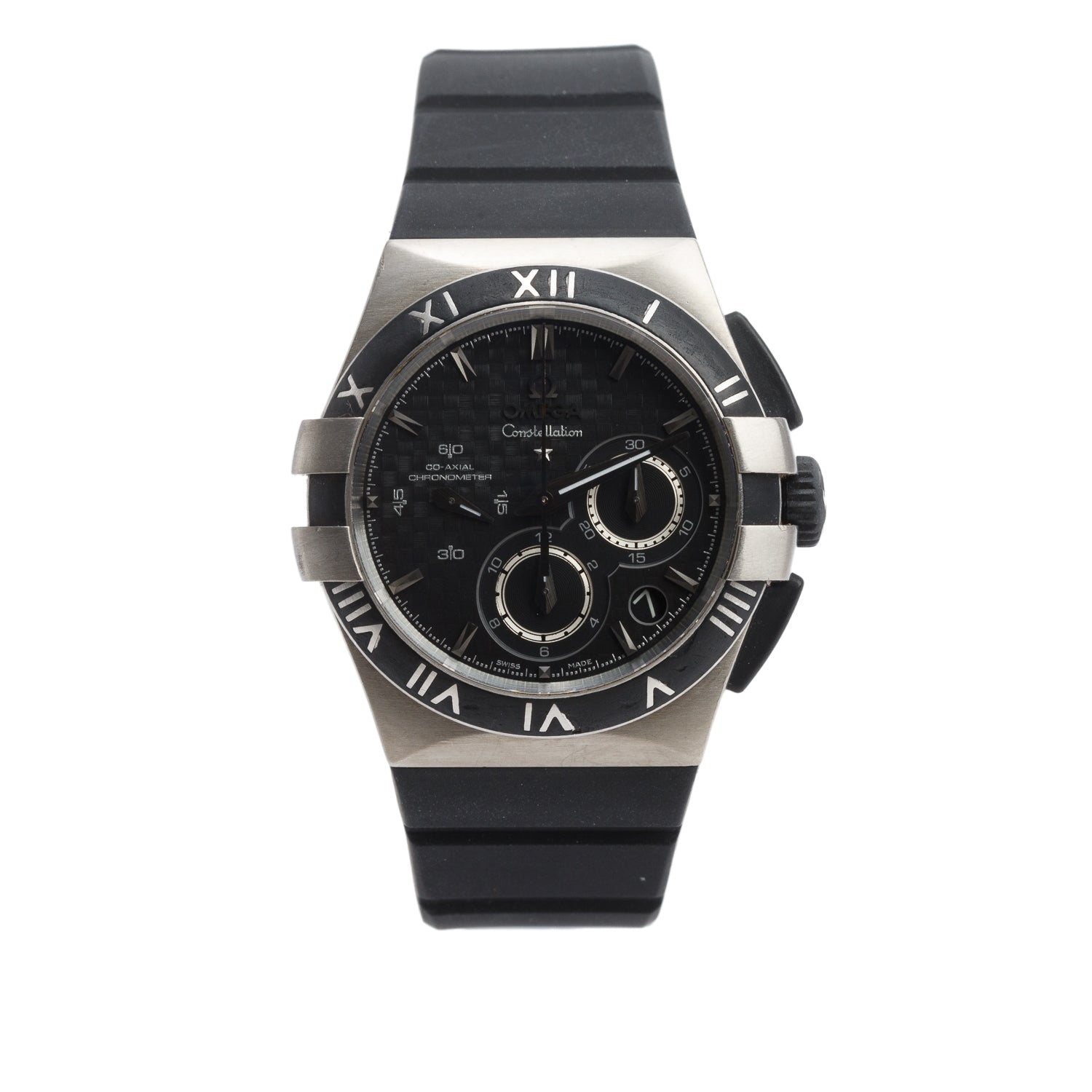 Omega Titanium Constellation Double Eagle Mission Hills World Cup 35 MM Co-Axial Chronometer Automatic Chronograph Watch Black Dial w/ Box