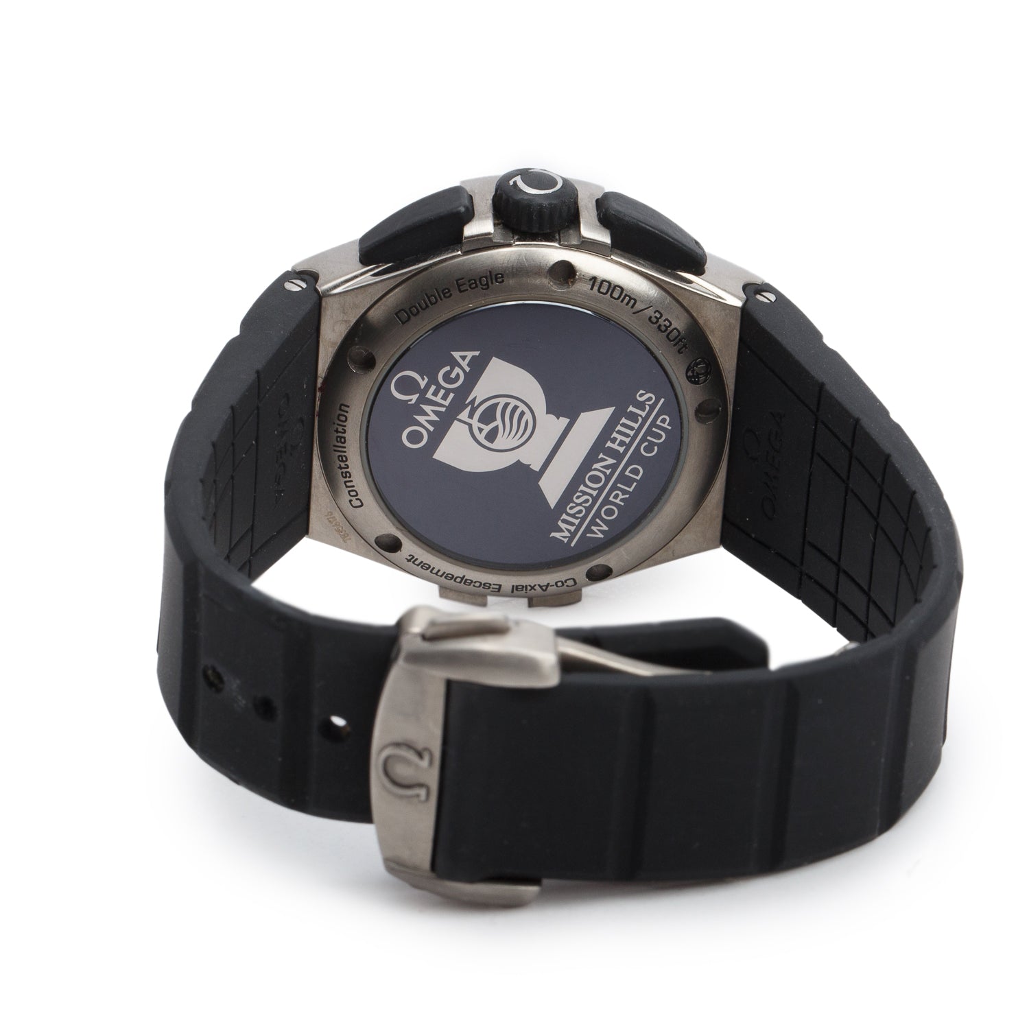 Omega Titanium Constellation Double Eagle Mission Hills World Cup 35 MM Co-Axial Chronometer Automatic Chronograph Watch Black Dial w/ Box