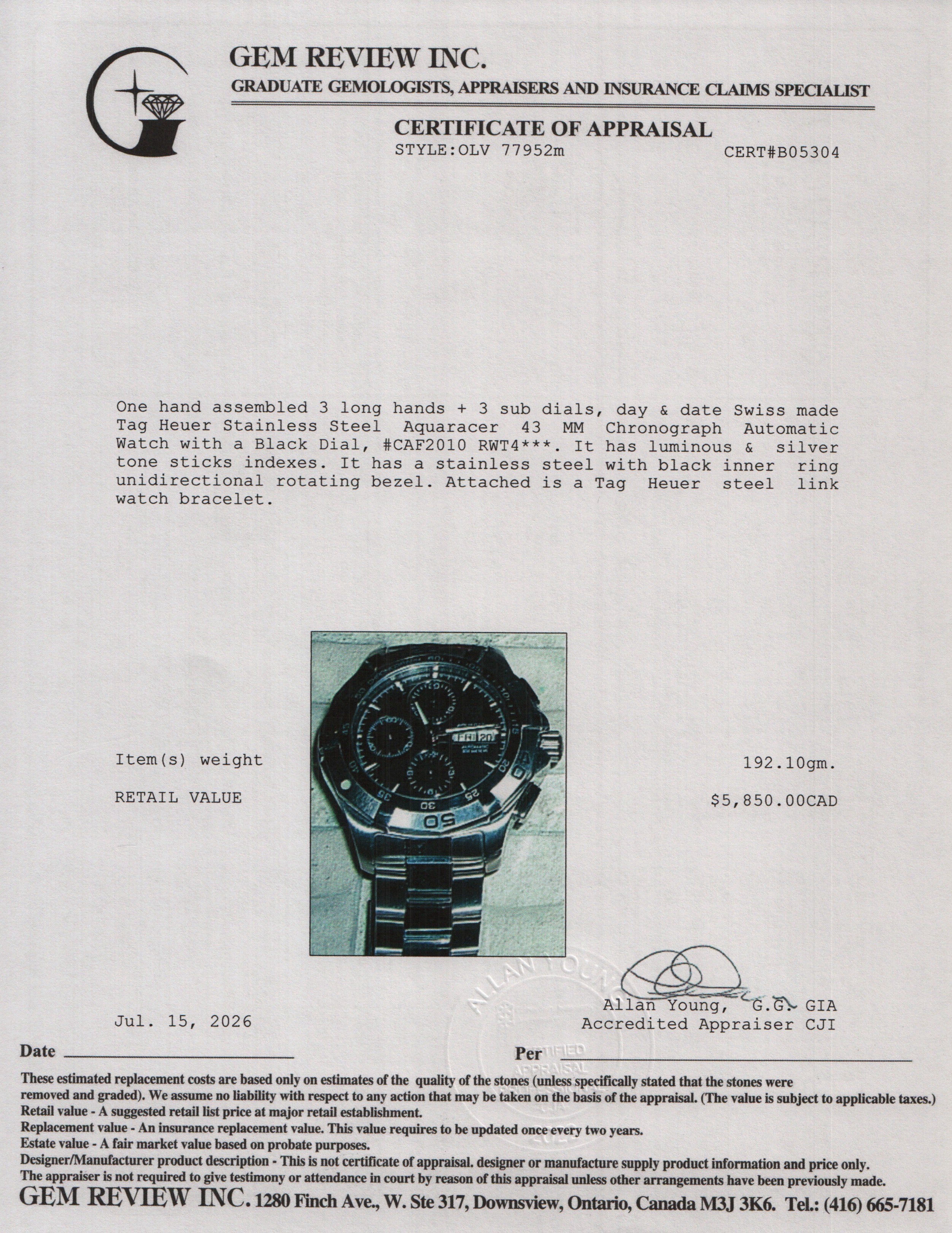 Tag Heuer Stainless Steel Aquaracer 43 MM Chronograph Automatic Watch Black Dial CAF2010