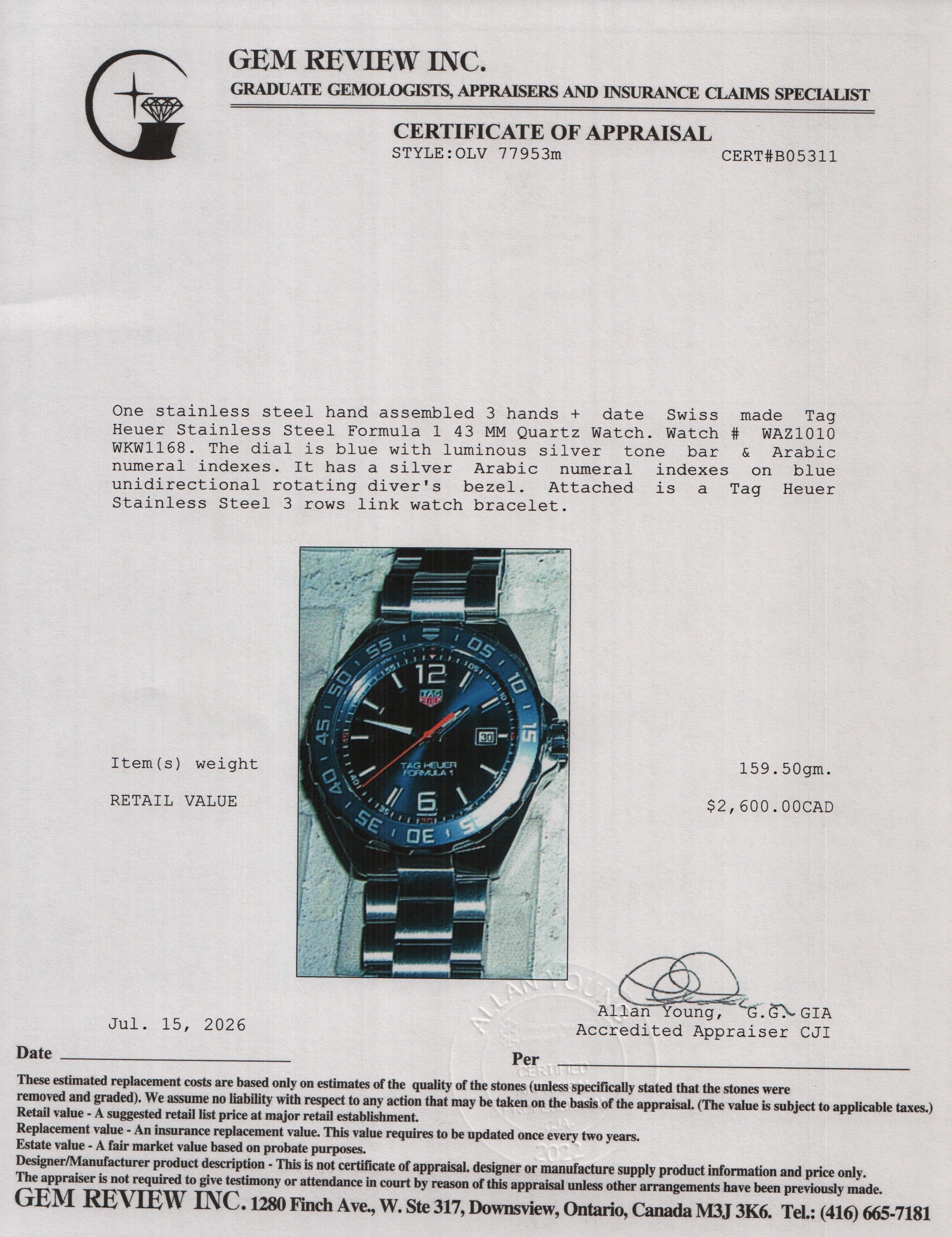 Tag Heuer Stainless Steel Formula 1 43 MM Quartz Watch Blue Dial WAZ1010 w/ Box