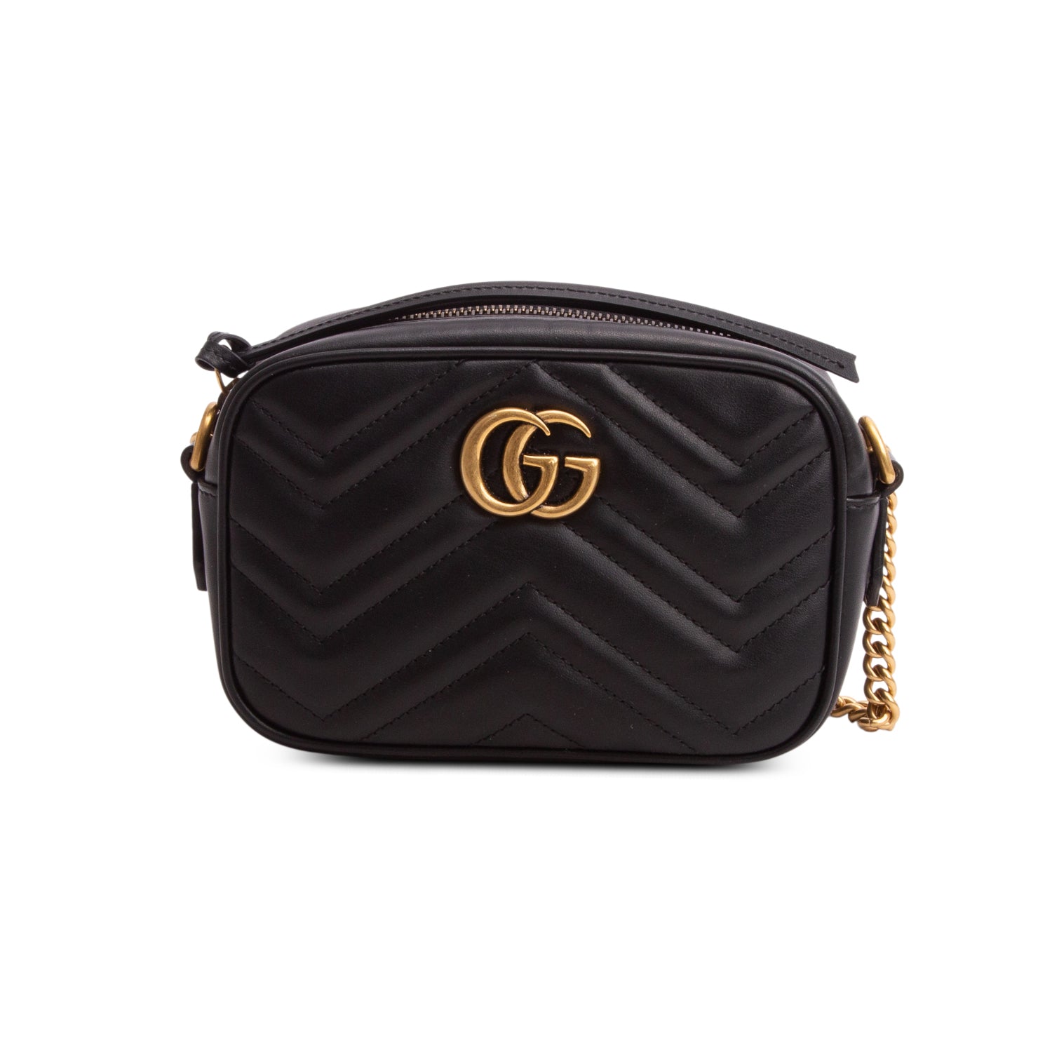 Gucci Black Calfskin Matelasse Mini GG Marmont Chain Shoulder Bag