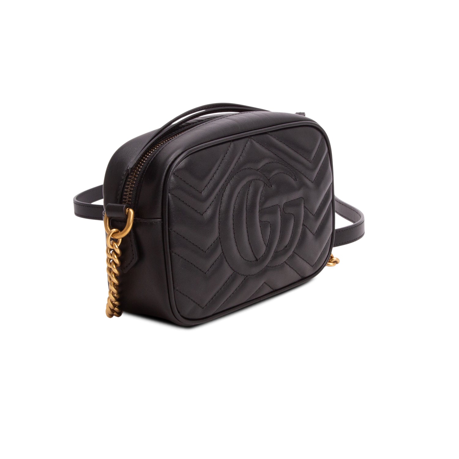 Gucci Black Calfskin Matelasse Mini GG Marmont Chain Shoulder Bag