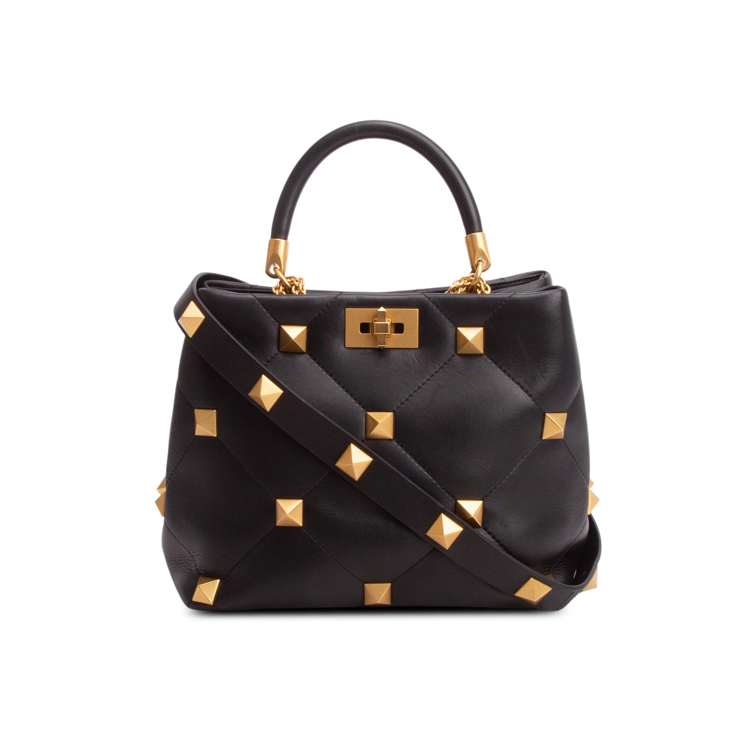 Valentino Black Nappa Medium Roman Stud The Handle Bag w/ Strap