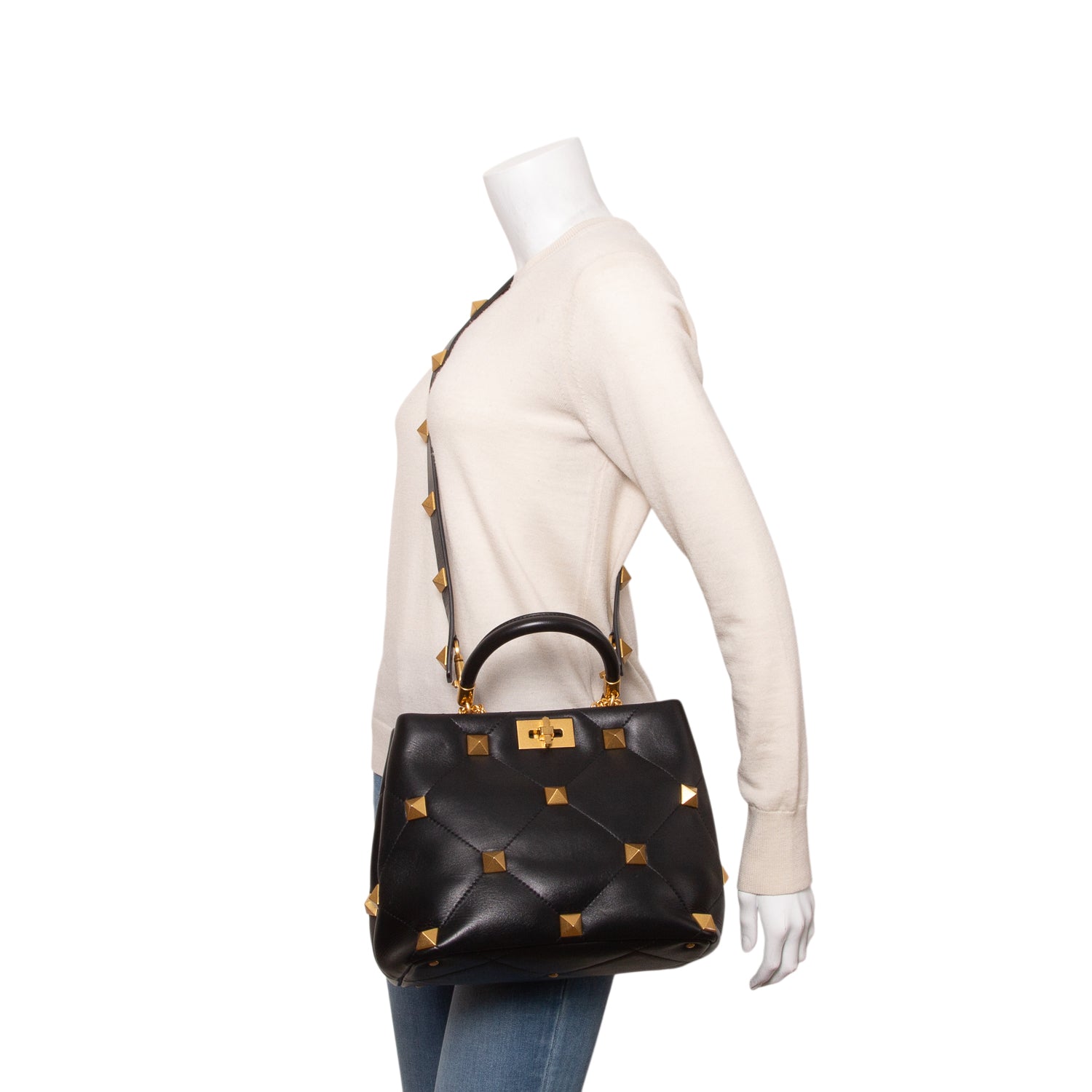 Valentino Black Nappa Medium Roman Stud The Handle Bag w/ Strap