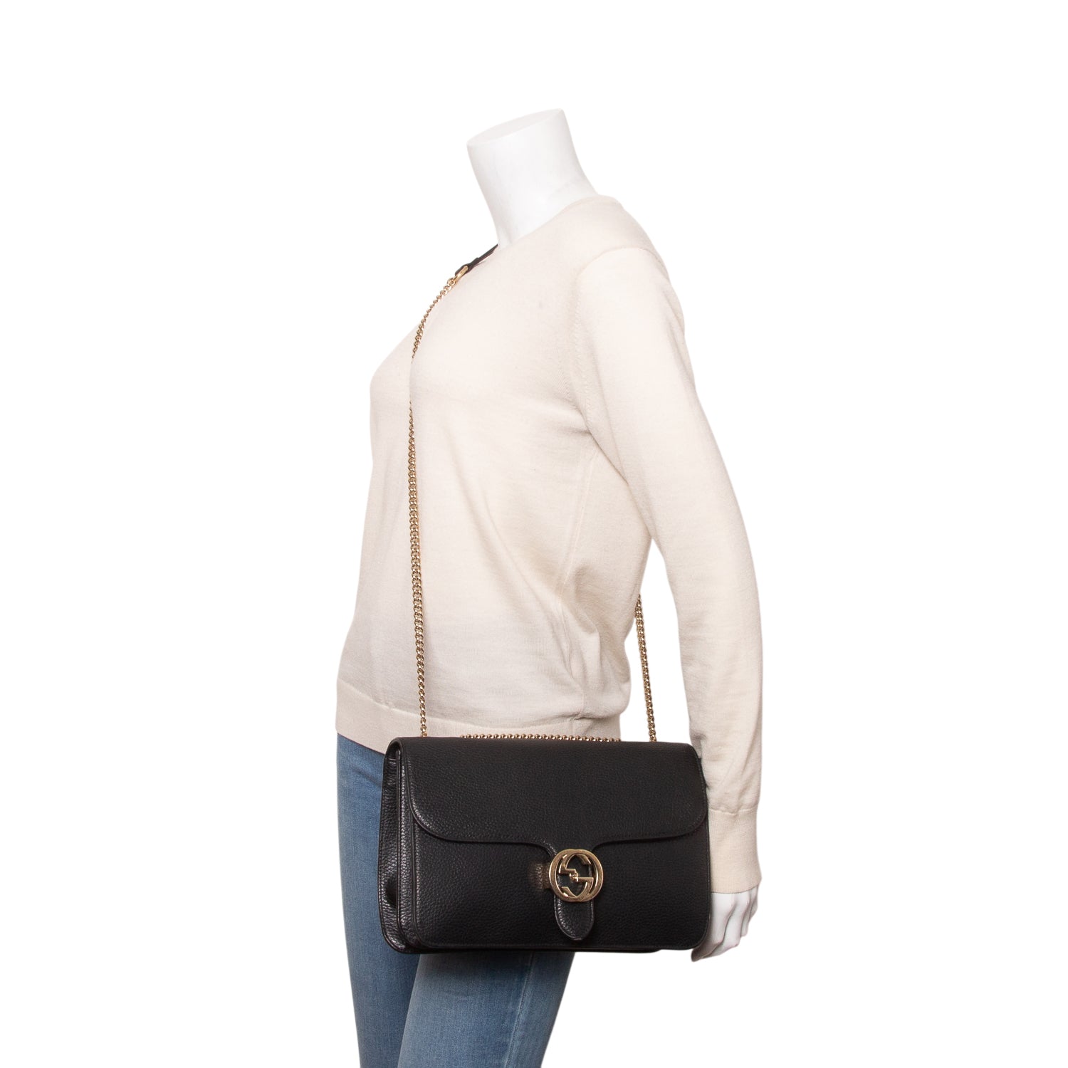 Gucci Black Calfskin Leather Medium Dollar Interlocking GG Shoulder Bag