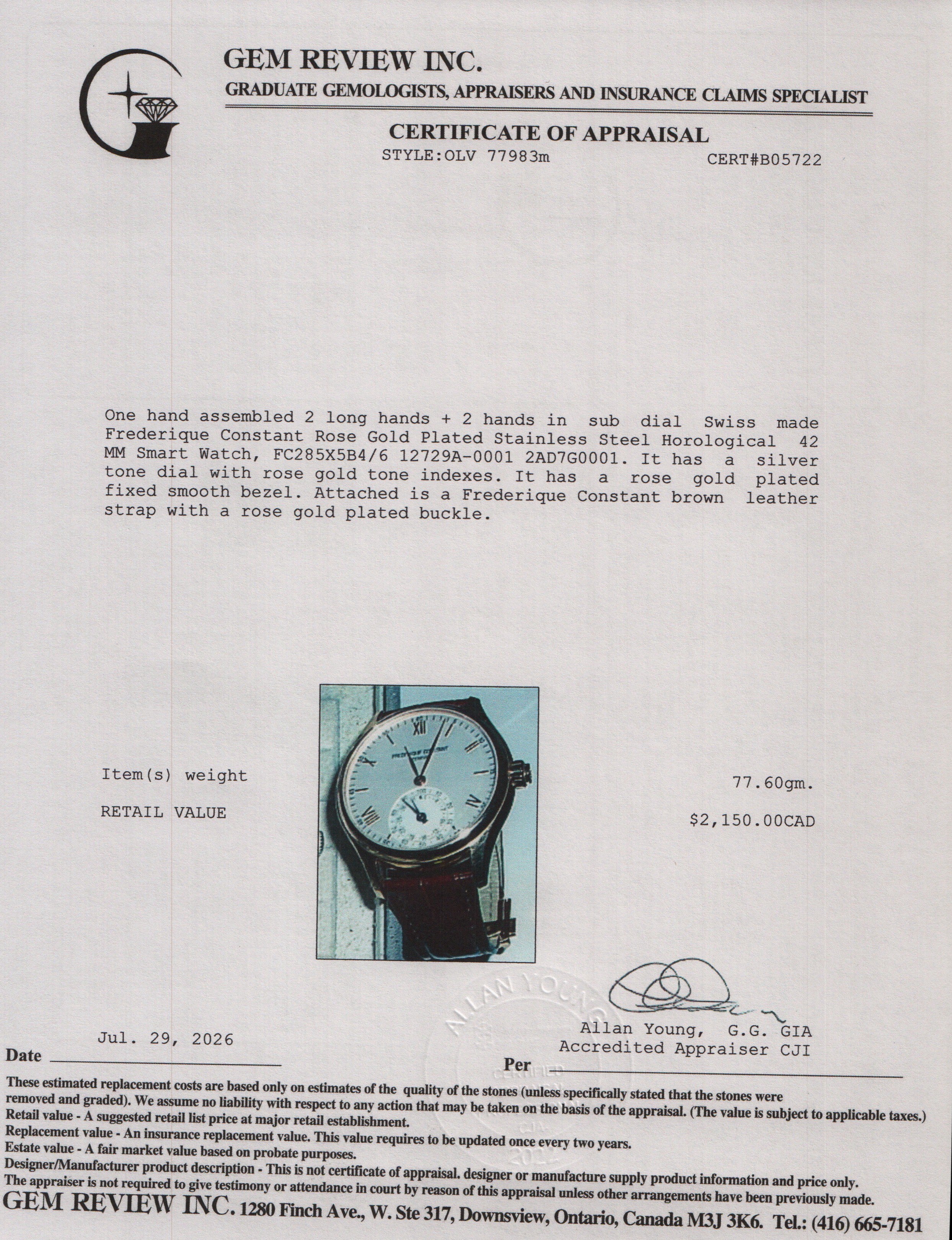 Frederique Constant Rose Gold Plated Stainless Steel Horological 42 MM Smart Watch w/ Papers