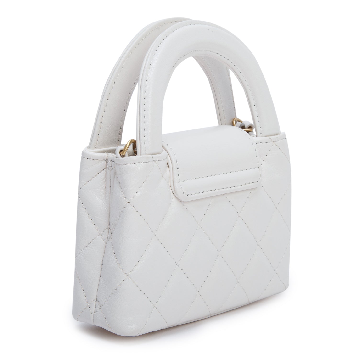 Chanel White Shiny Aged Calfskin Quilted Mini Nano Kelly Shopper w/ Box
