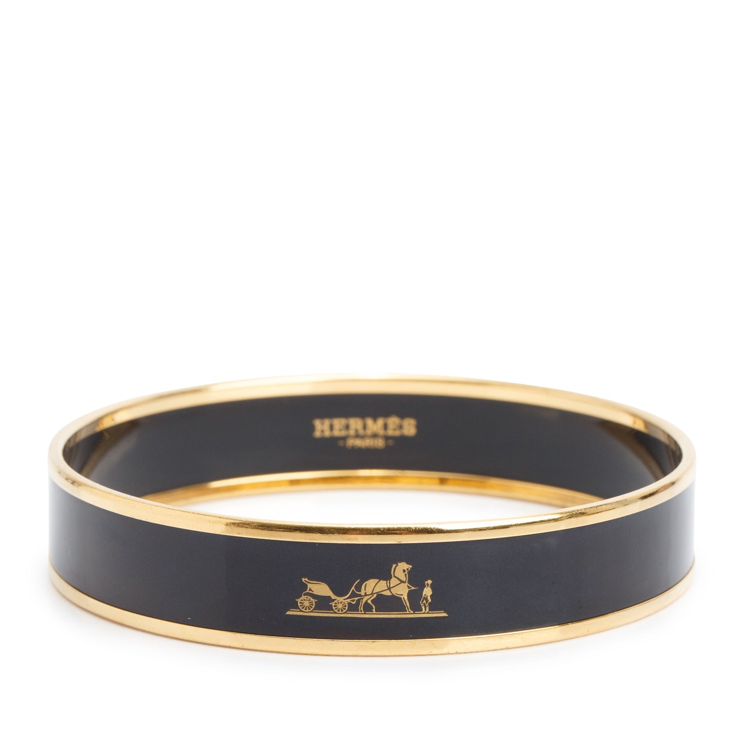 Hermes Gold-Plated Black 'Caleche' Enamel Narrow Bangle