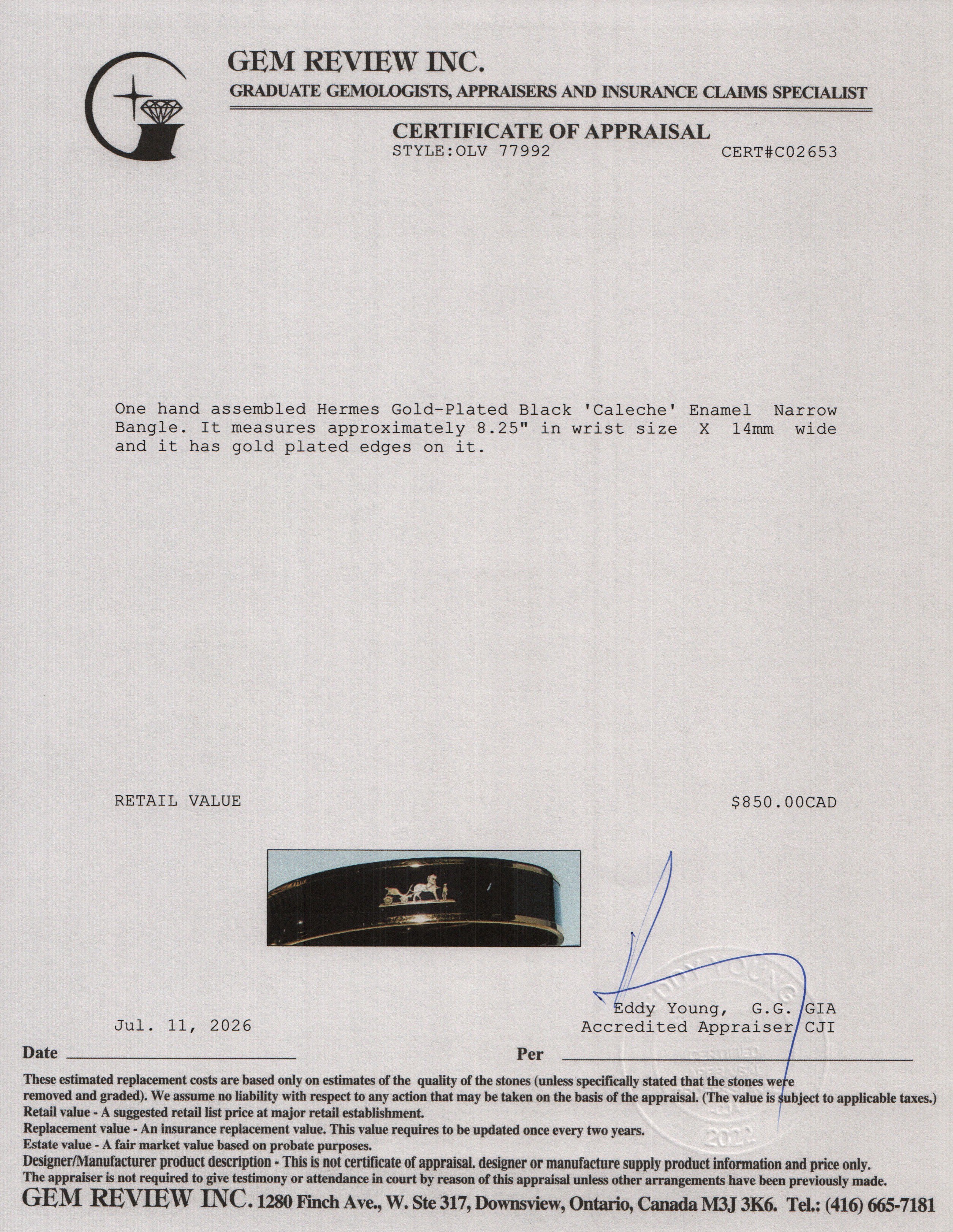 Hermes Gold-Plated Black 'Caleche' Enamel Narrow Bangle