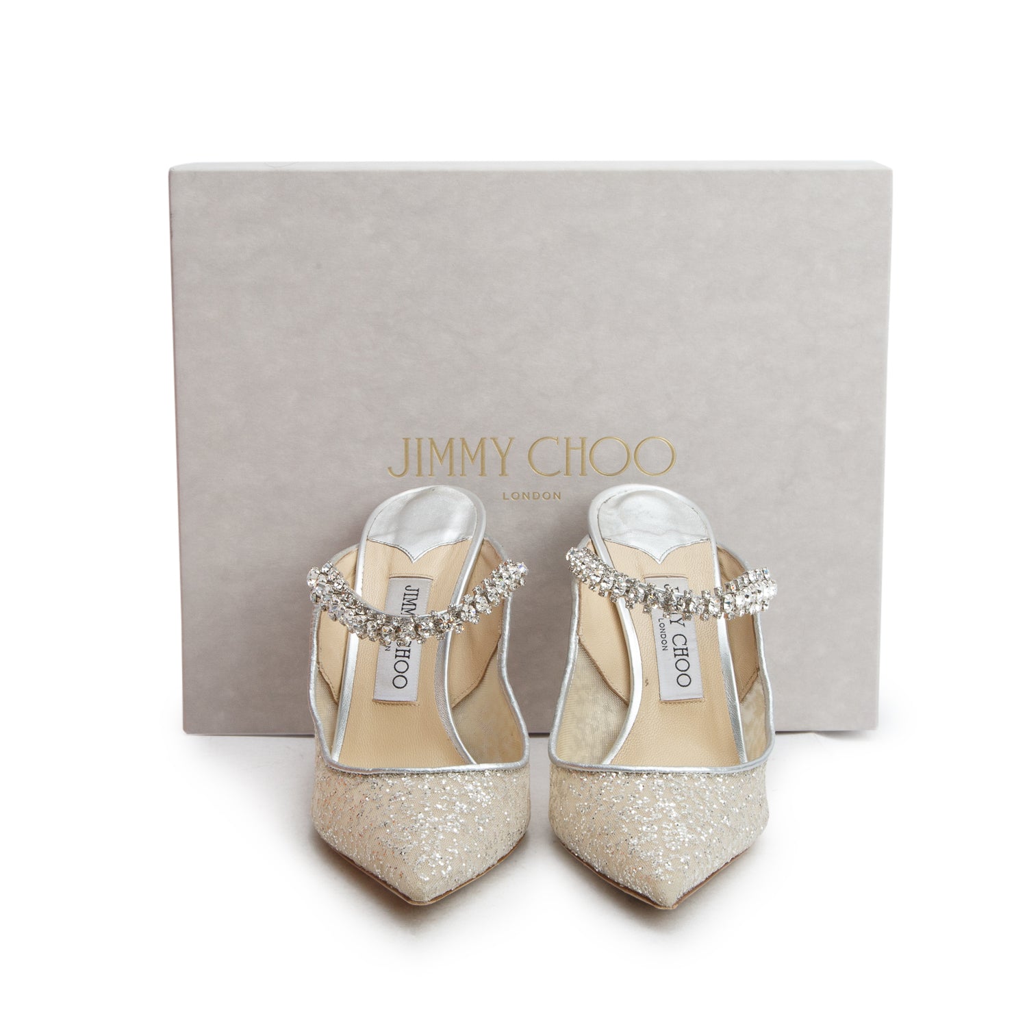 Jimmy Choo Silver Glitter Tulle Crystal Bing 100 Pumps, Women's Size 39 w/ Box