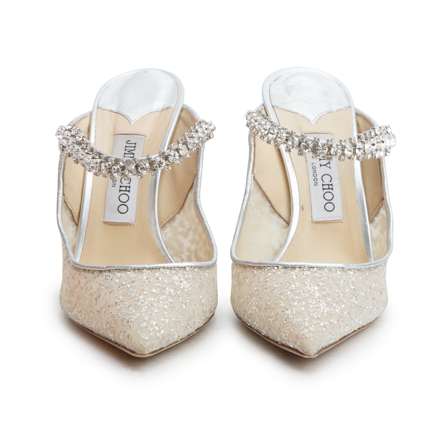 Jimmy Choo Silver Glitter Tulle Crystal Bing 100 Pumps, Women's Size 39 w/ Box