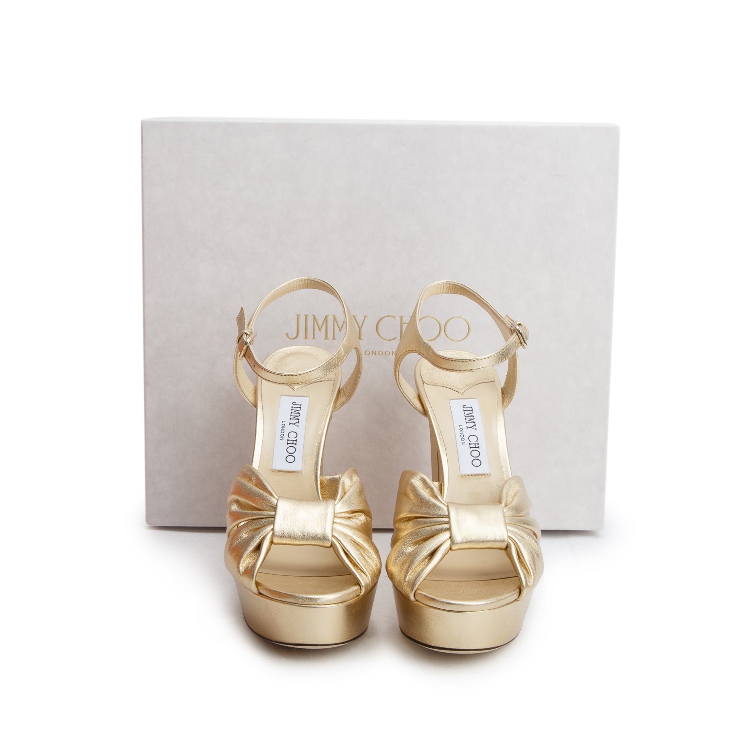 Jimmy Choo Gold Nappa Leather Heloise 120 Platform Sandals, Women's Size 40 w/ Box