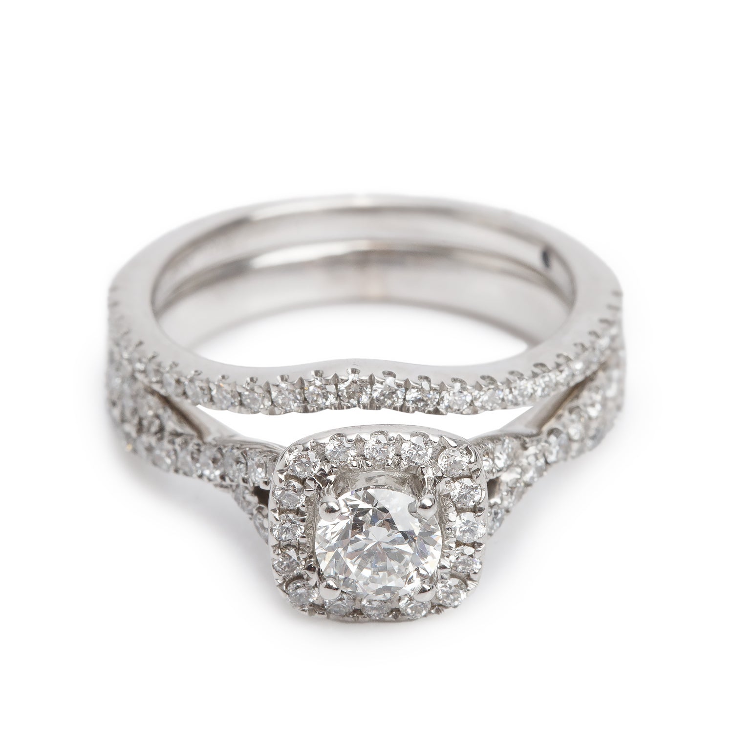 14k White Gold 0.50 ct. Round Cut Diamond Engagement Ring & Half Eternity Band Ring Set, Size 6 w/ Box & Certificate