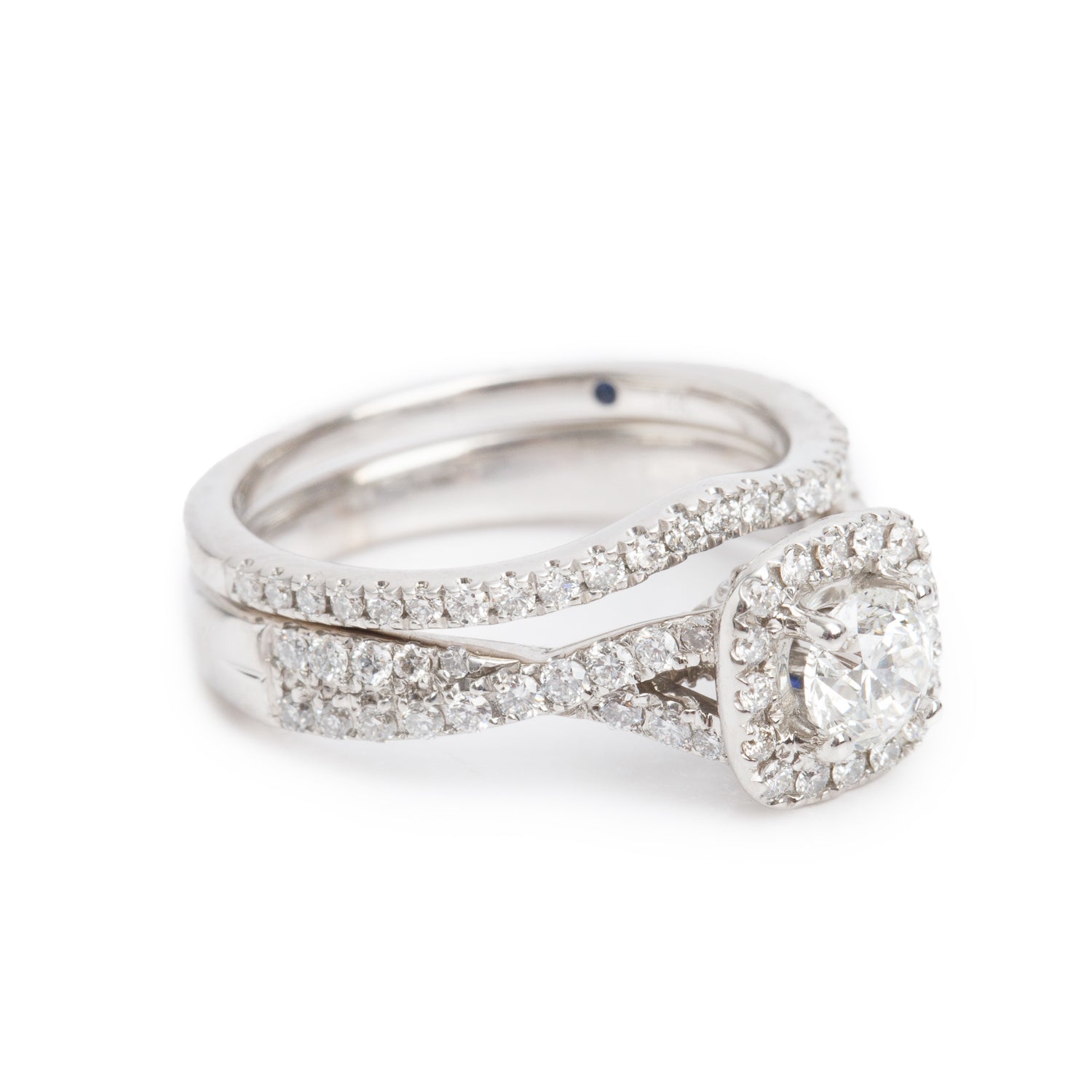14k White Gold 0.50 ct. Round Cut Diamond Engagement Ring & Half Eternity Band Ring Set, Size 6 w/ Box & Certificate