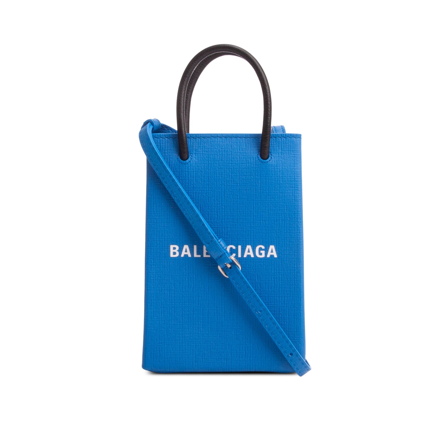 Balenciaga Blue Square Calfskin Logo Shopping Phone Holder Bag