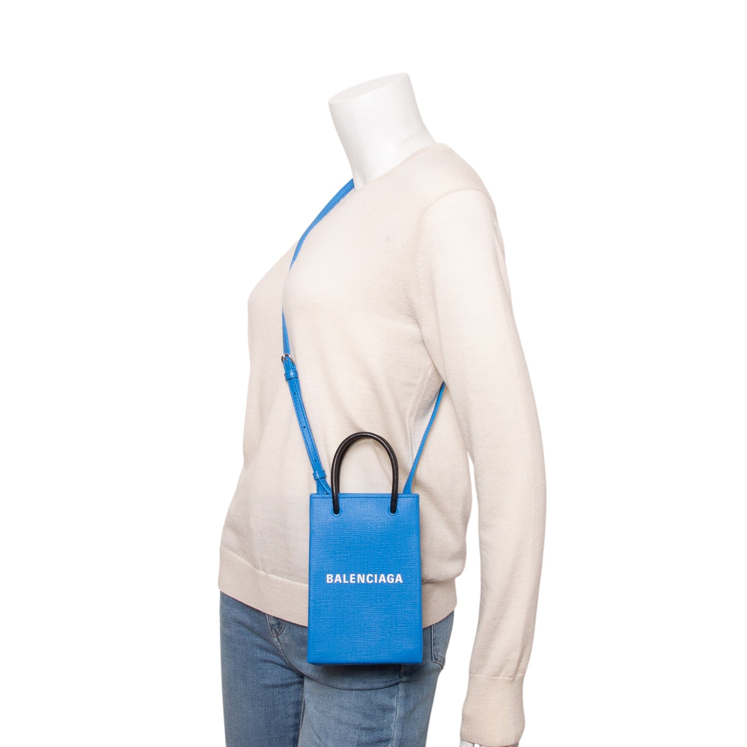 Balenciaga Blue Square Calfskin Logo Shopping Phone Holder Bag