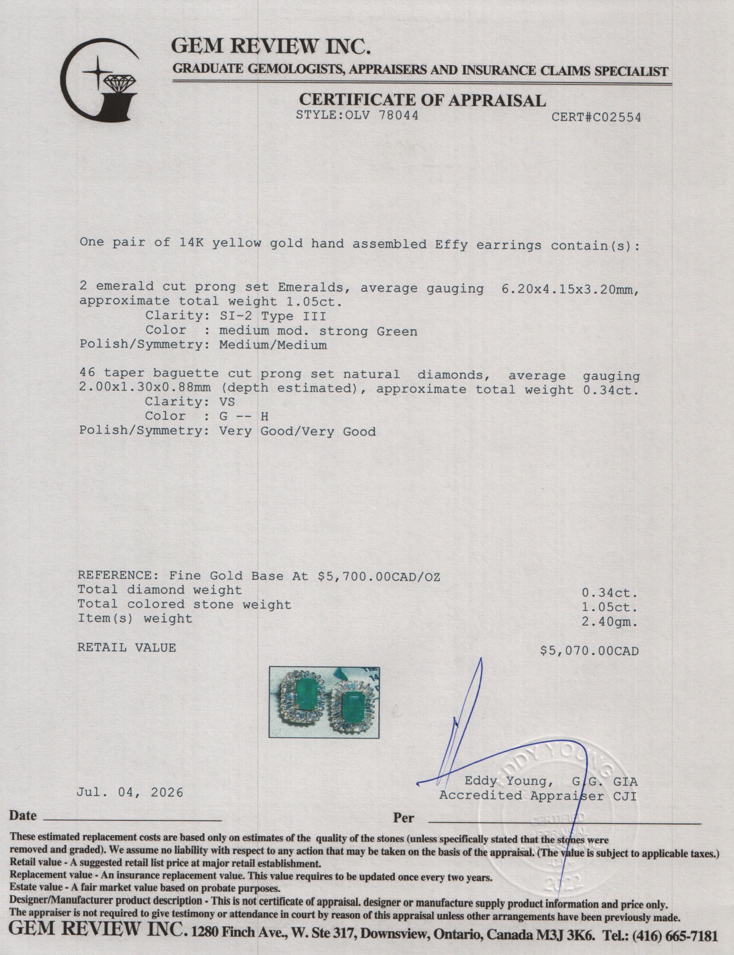 Effy 14k Yellow Gold Emerald & Diamond Stud Earrings w/ Box
