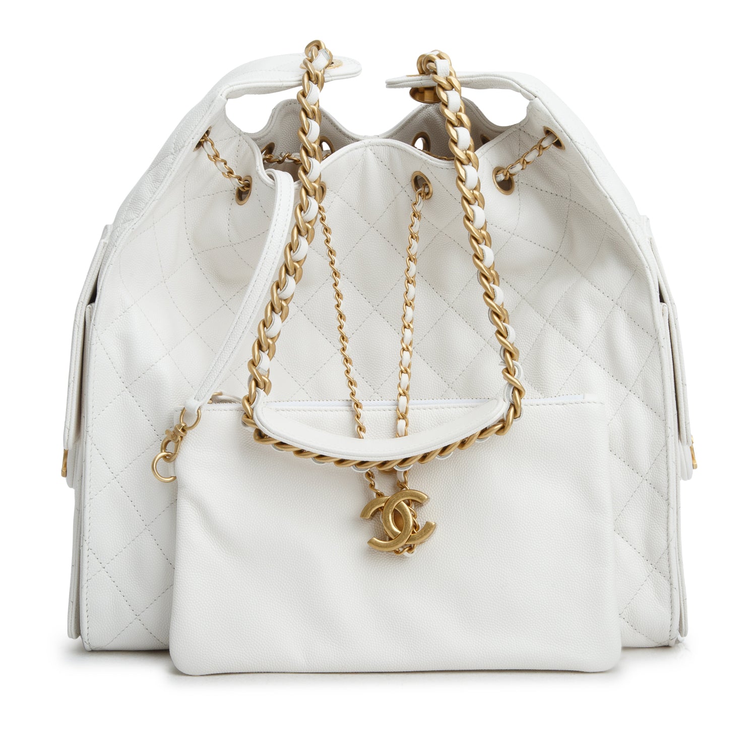 Chanel White Caviar Quilted Medium 25 Handbag w/ Box & Pouch