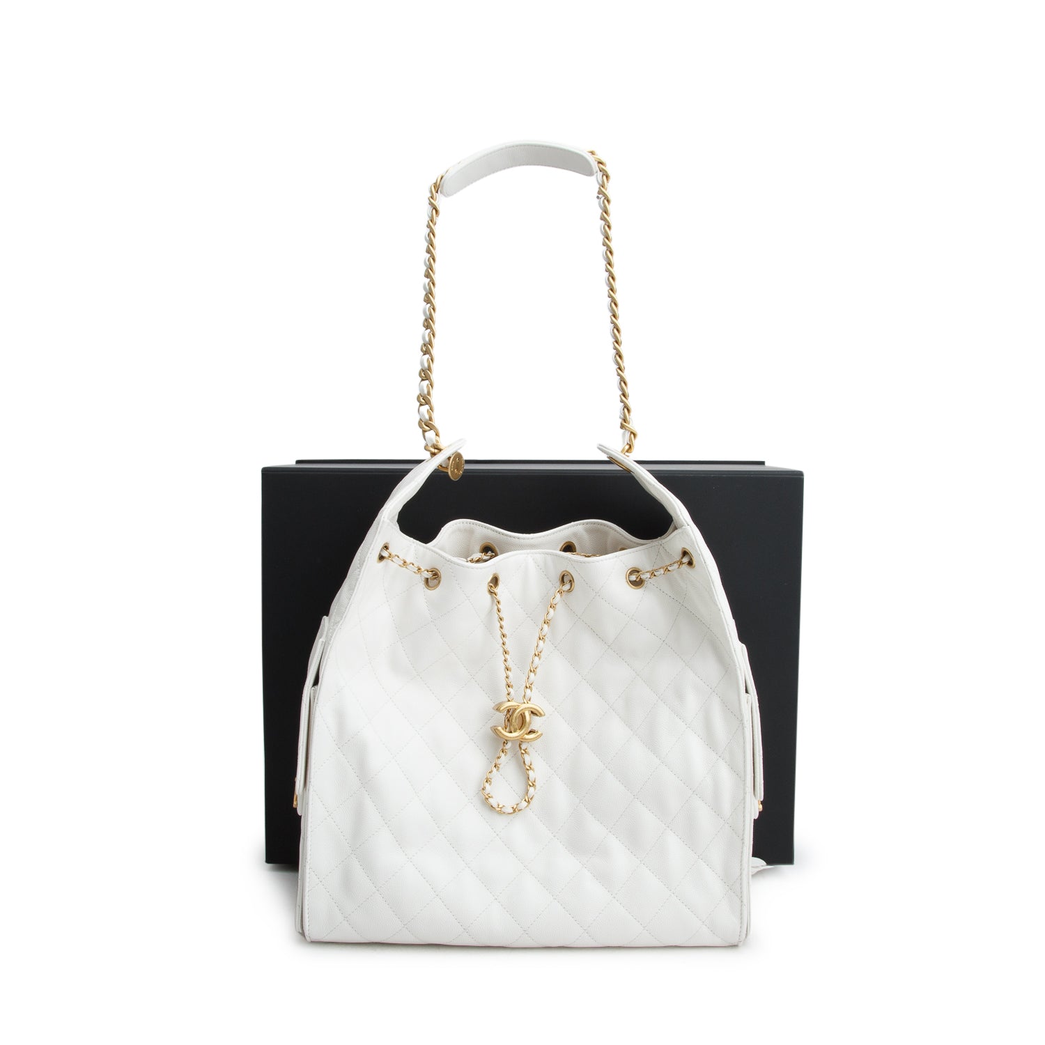 Chanel White Caviar Quilted Medium 25 Handbag w/ Box & Pouch