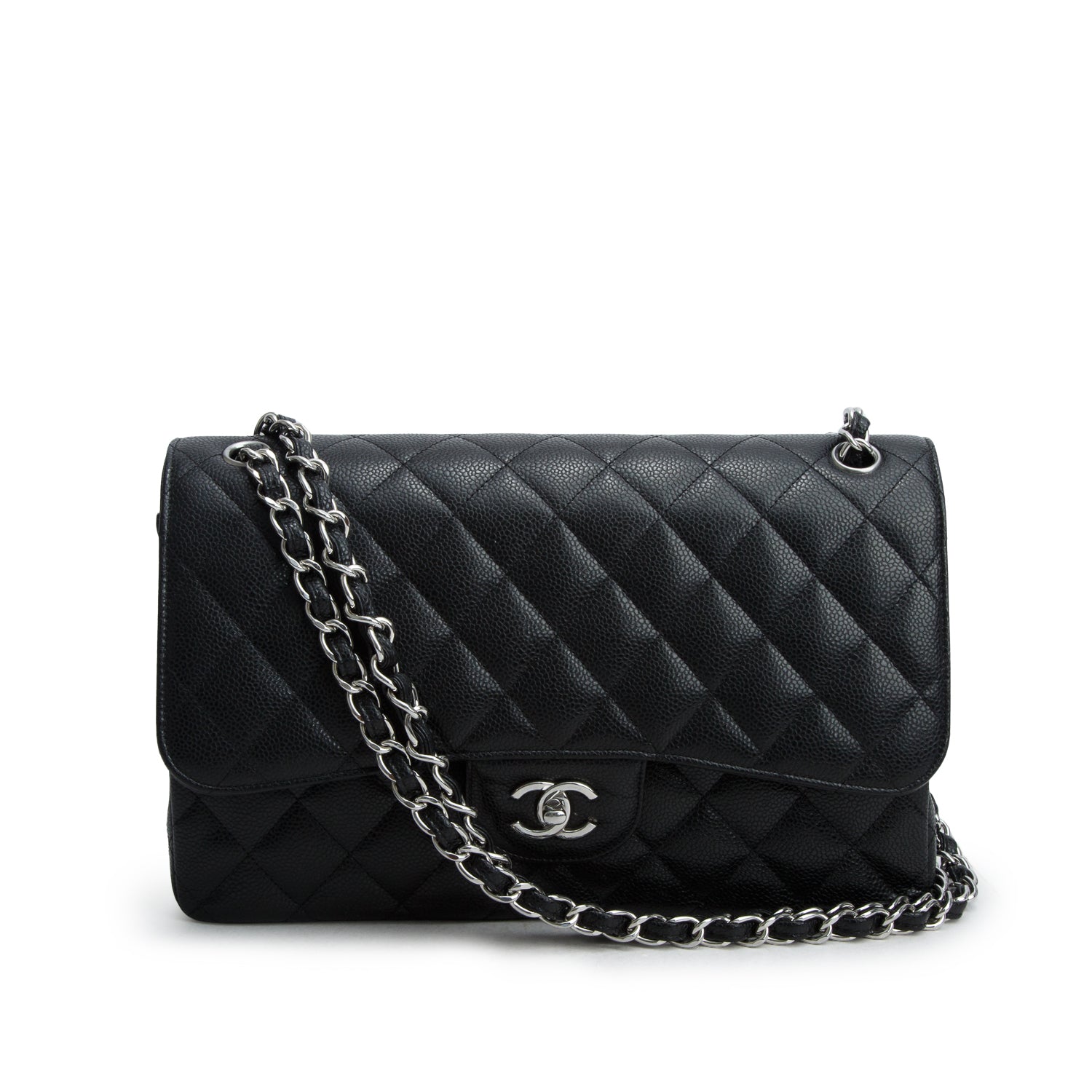 Chanel 2023 Black Caviar Quilted Leather Classic Jumbo Double Flap Bag w/ Box & Receipt