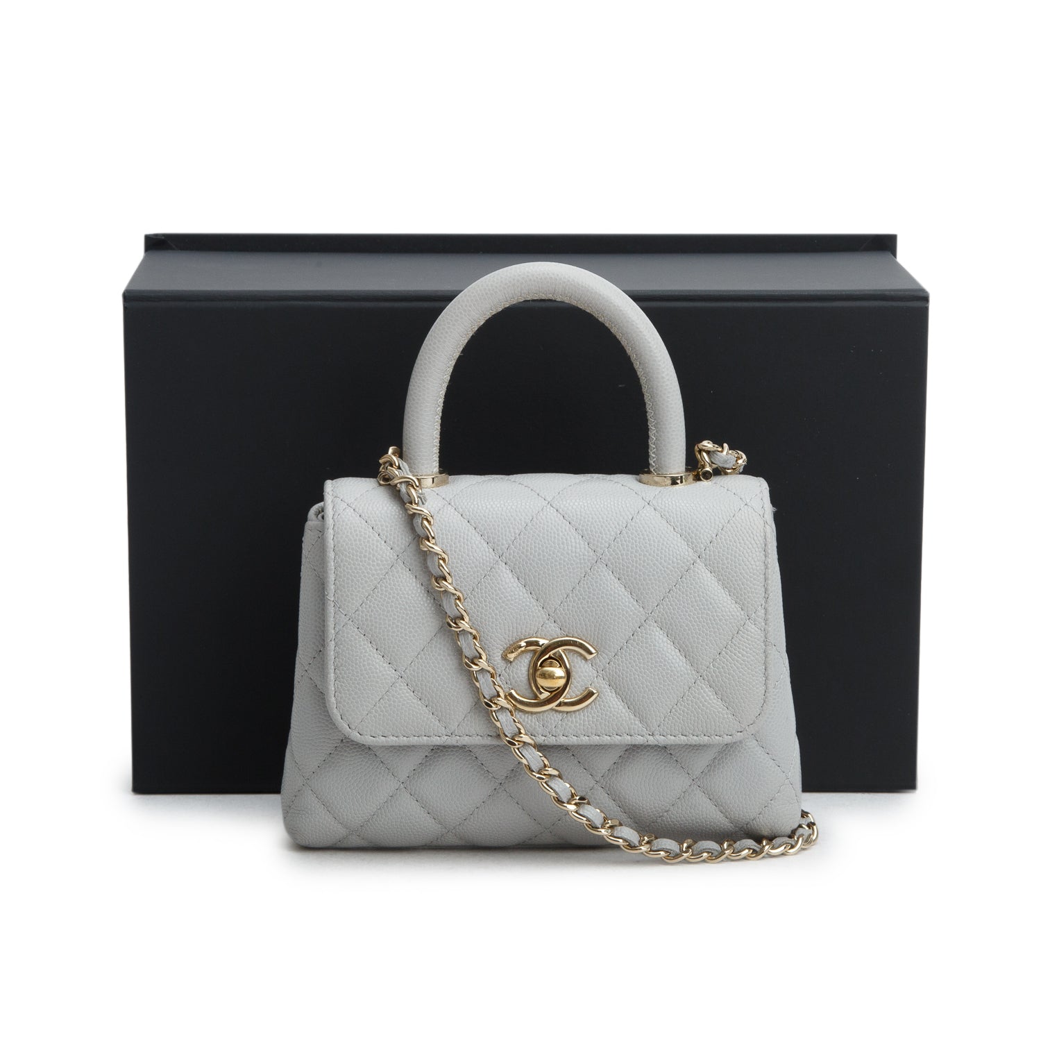 Chanel Grey Caviar Quilted Nano Coco Handle Clutch w/ Box