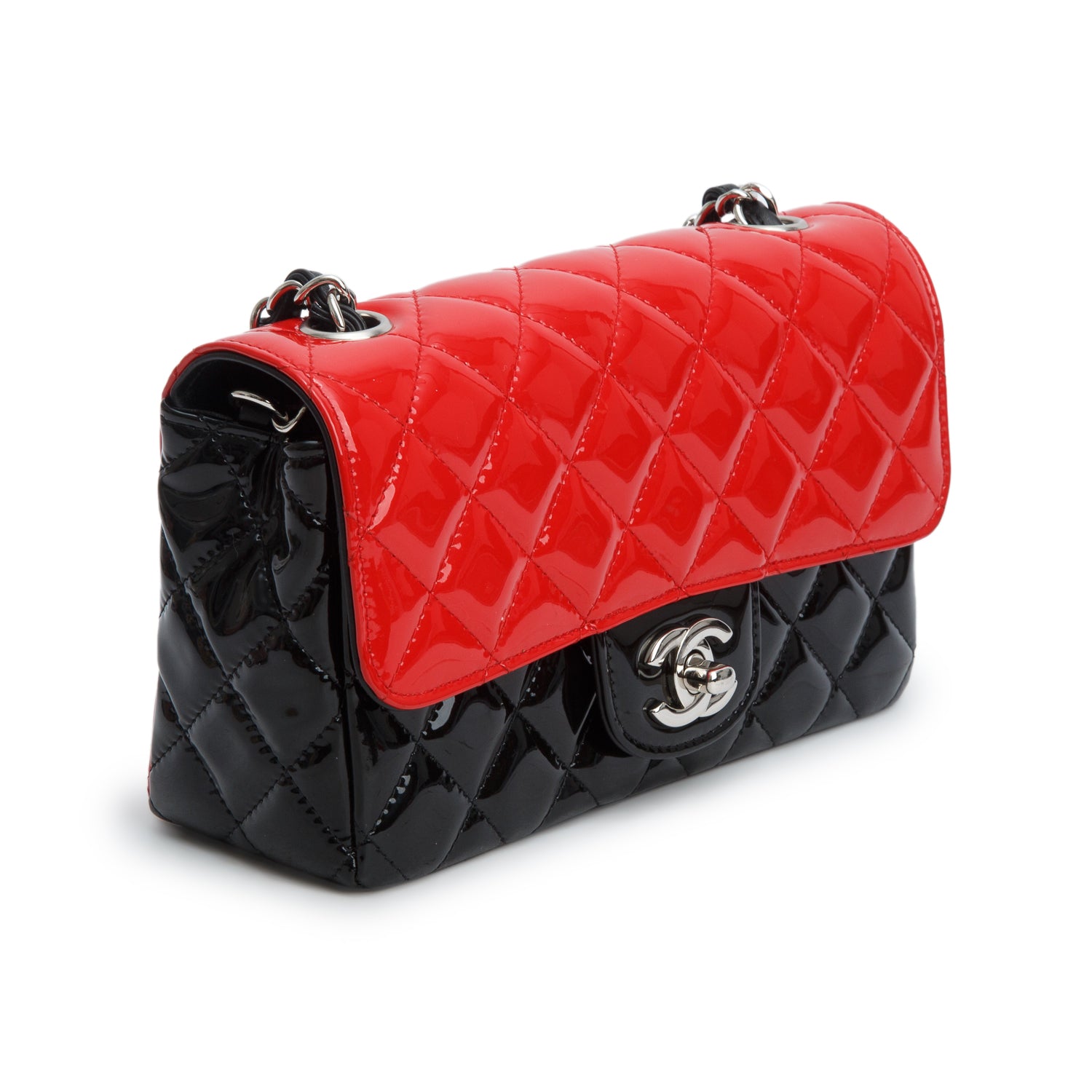 Chanel Red/Black Patent Calfskin Quilted Mini Rectangular Flap w/ Authenticity Card