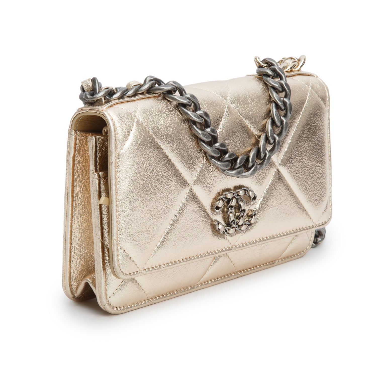 Chanel Gold Lambskin Leather 19 Wallet On Chain