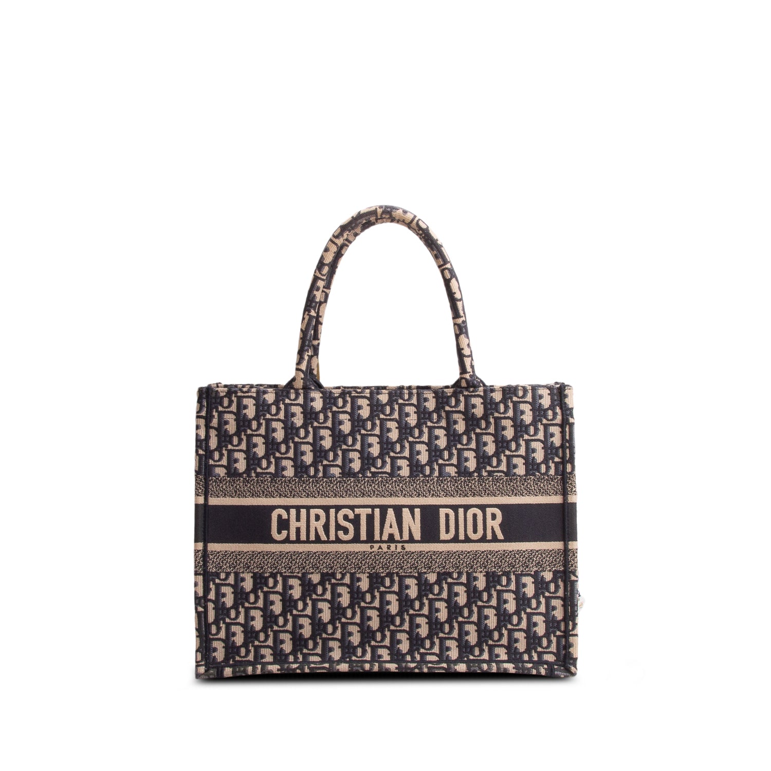Christian Dior 2022 Ecru and Blue Oblique Embroidery Medium Book Tote w/ Box