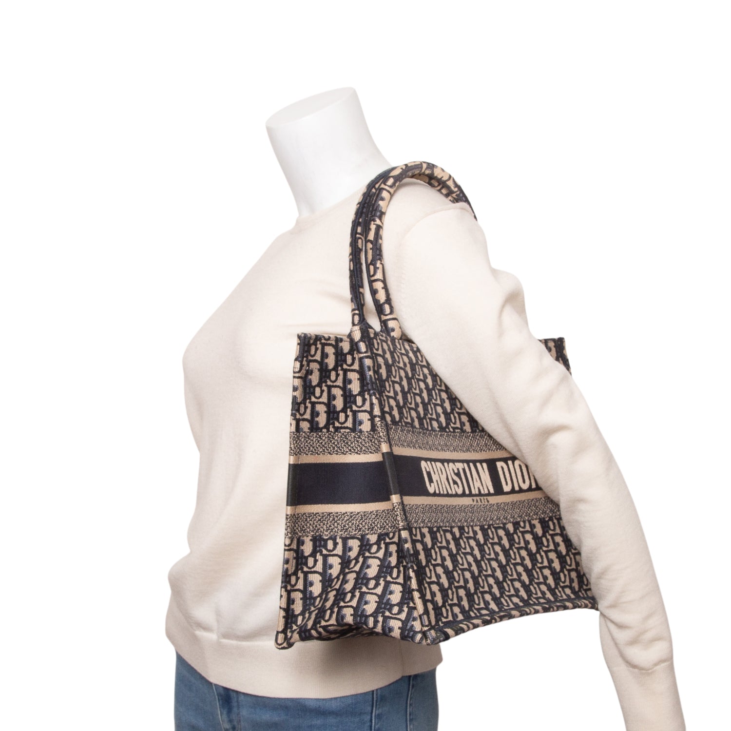 Christian Dior 2022 Ecru and Blue Oblique Embroidery Medium Book Tote w/ Box