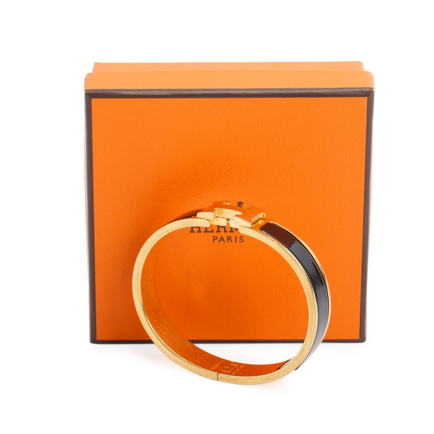 Hermes Gold Plated Black Enamel 12 MM Clic H Bracelet w/ Box