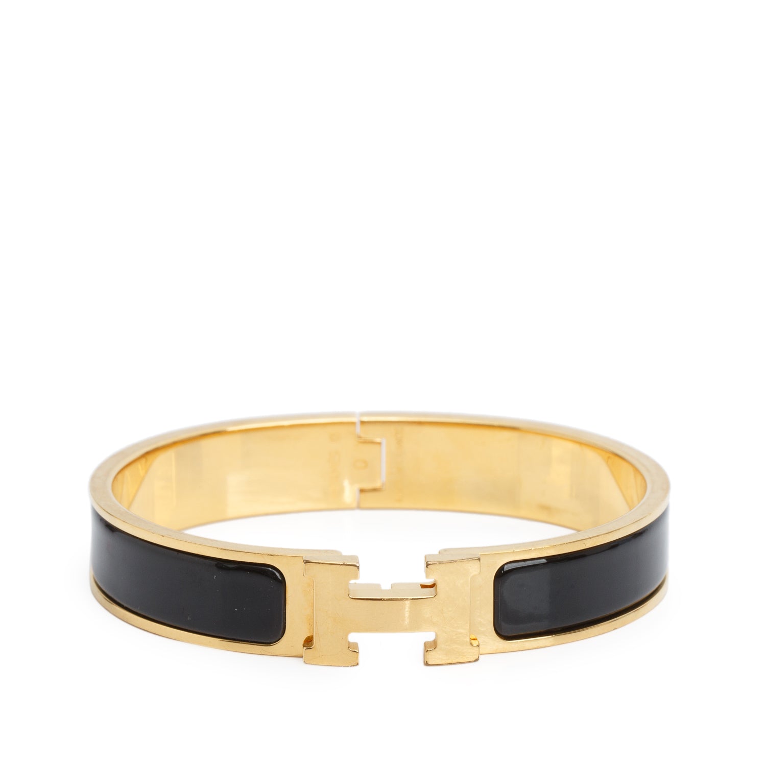 Hermes Gold Plated Black Enamel 12 MM Clic H Bracelet w/ Box