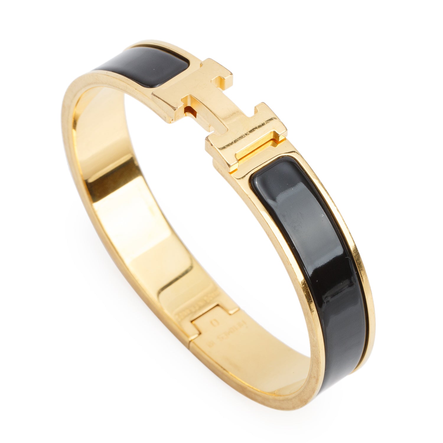 Hermes Gold Plated Black Enamel 12 MM Clic H Bracelet w/ Box
